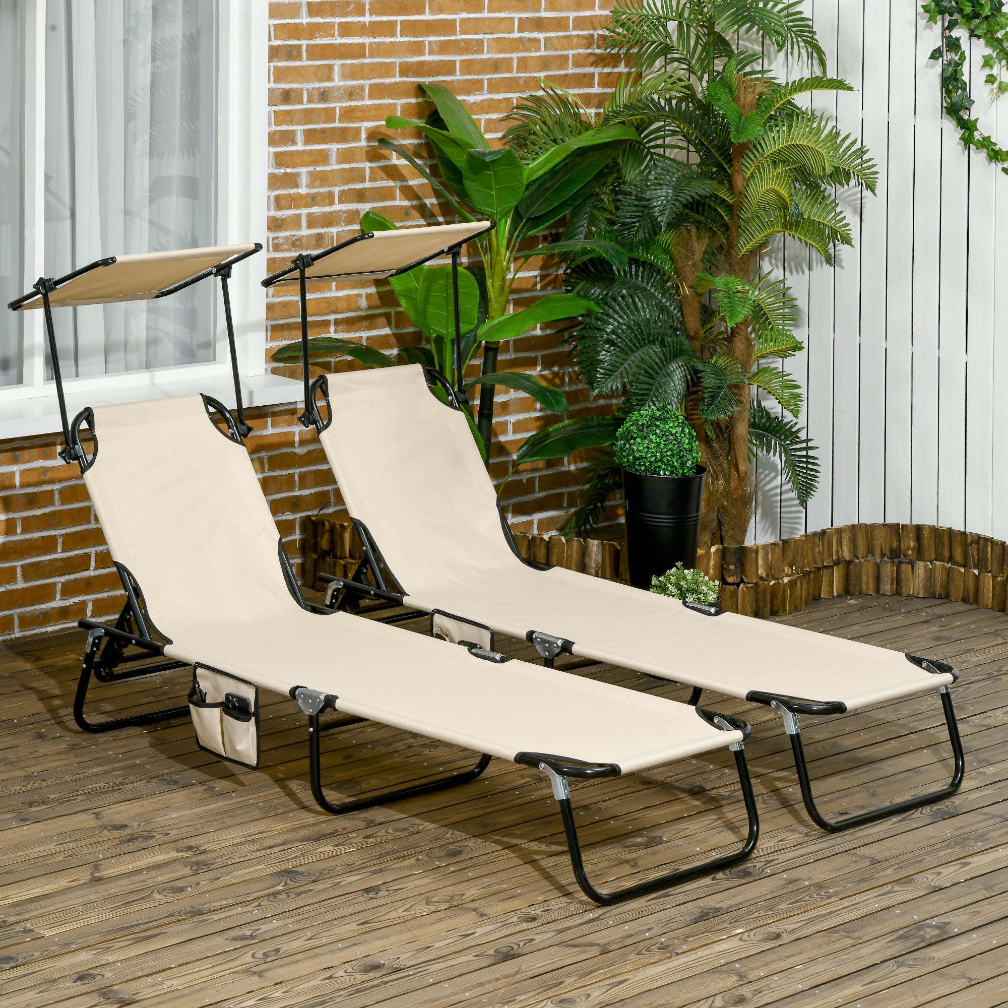 Folding Chaise Lounge with Canopy Shade, Reclining Back, Steel Frame and Side Pocket-Tan