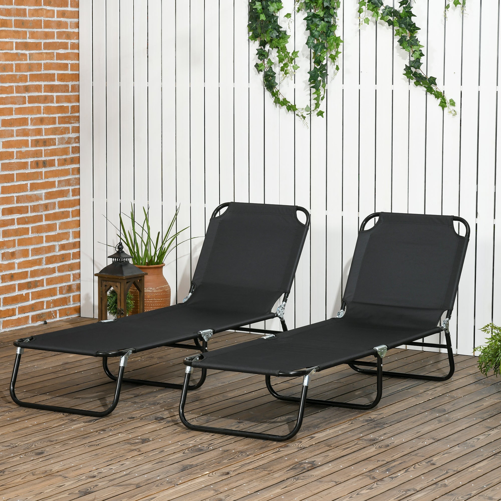 2 Piece Folding Chaise Lounge 5-Level Reclining Back, Steel Frame, Black