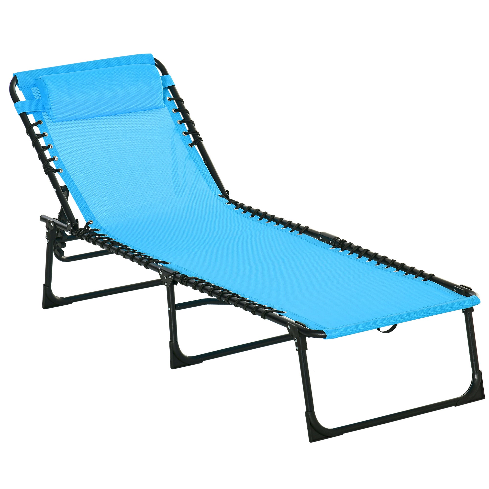 Folding Chaise Lounge Chair w/ 4-Position Reclining Back, Pillow, Breathable Mesh & Bungee Seat , Blue