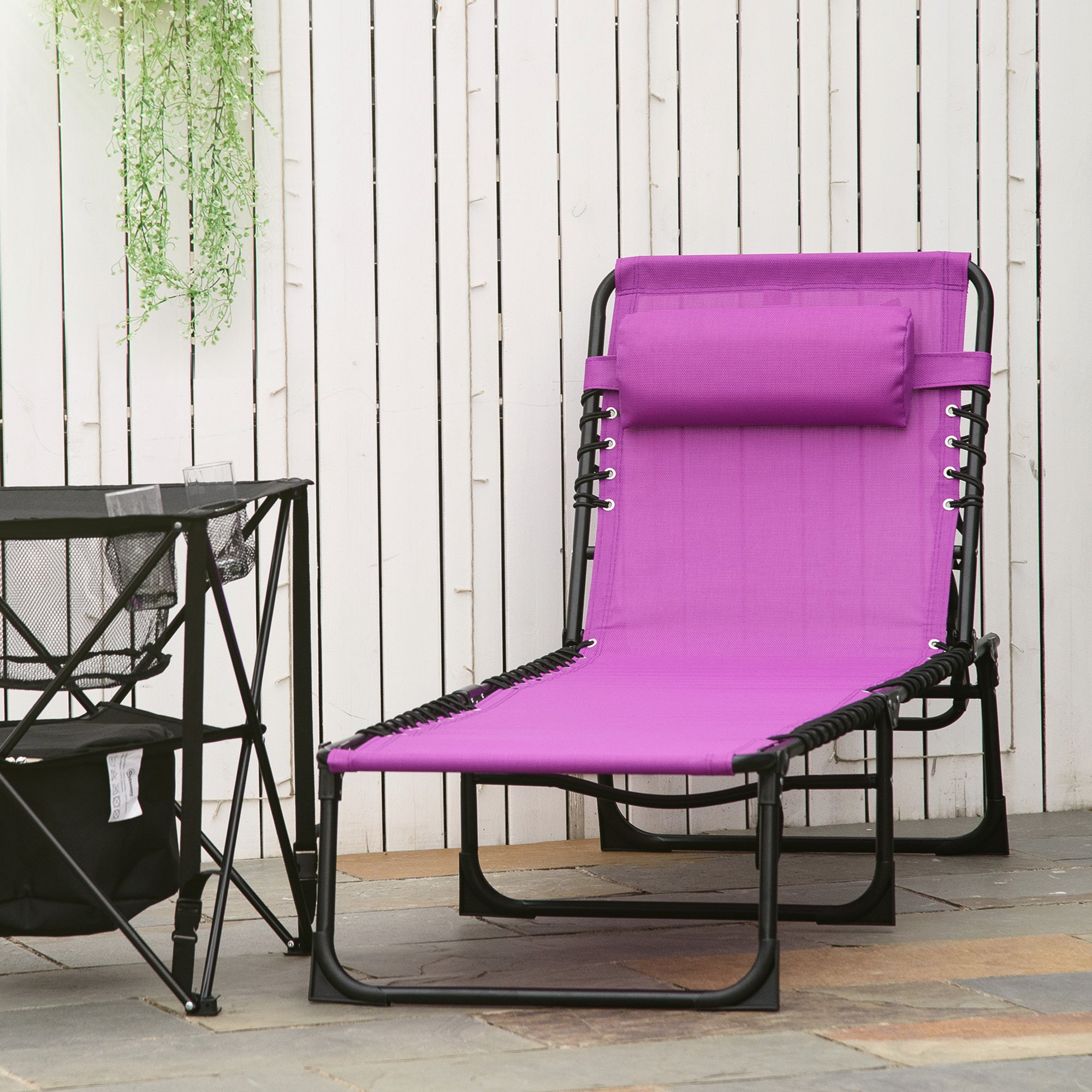 Folding Chaise Lounge Chair w/ 4-Position Reclining Back, Pillow, Breathable Mesh & Bungee Seat Purple