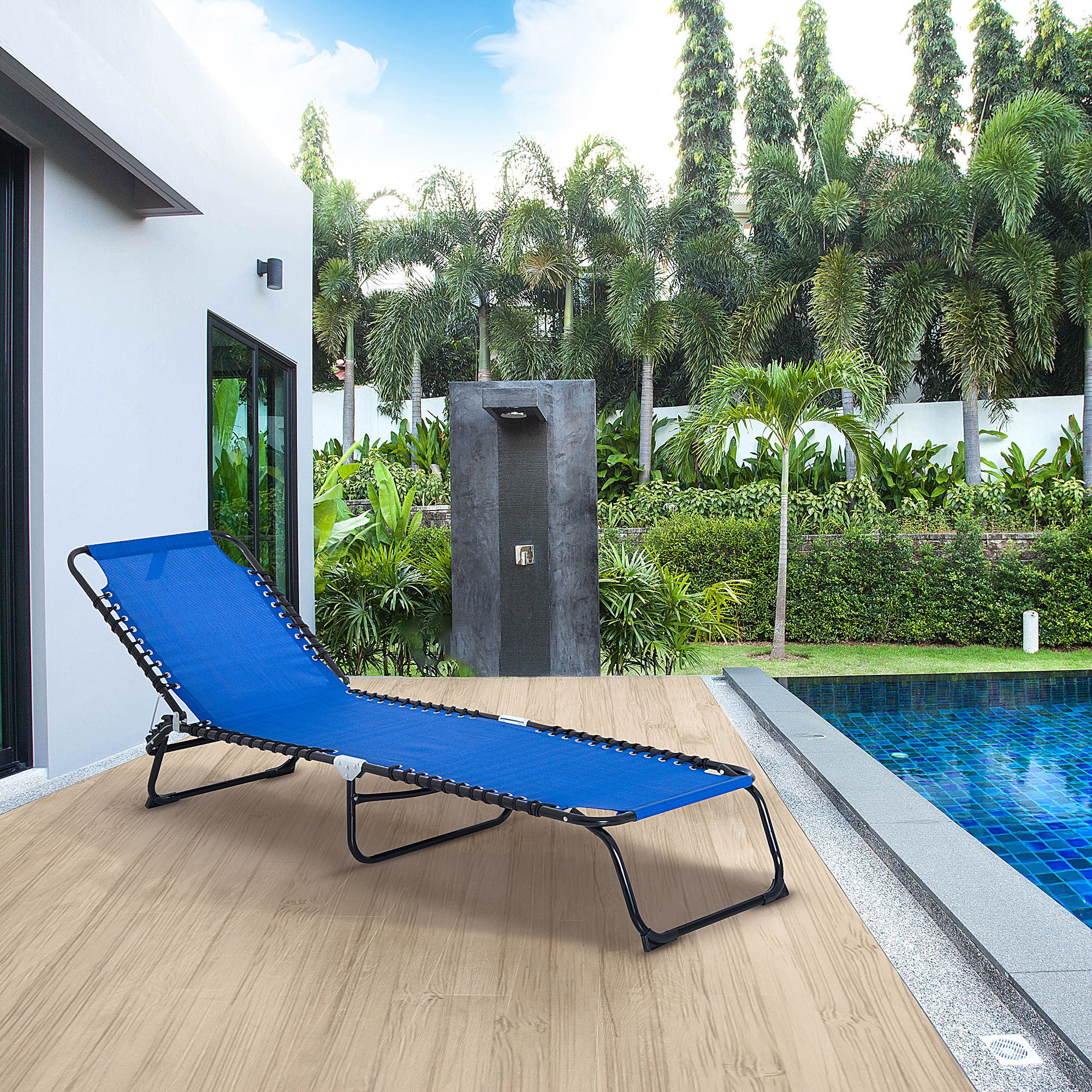 Folding Chaise Lounge Chair with 4-Position Reclining Back, Breathable Mesh Seat  Dark Blue