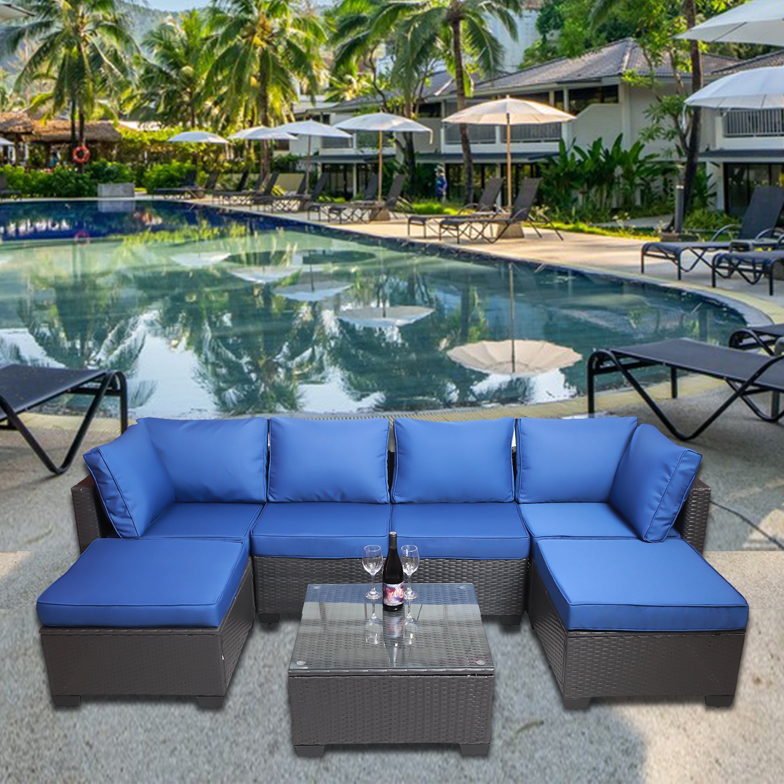 Outdoor Garden Patio Furniture 7-Piece PE Rattan Wicker Cushioned Sofa Sets  and Coffee Table