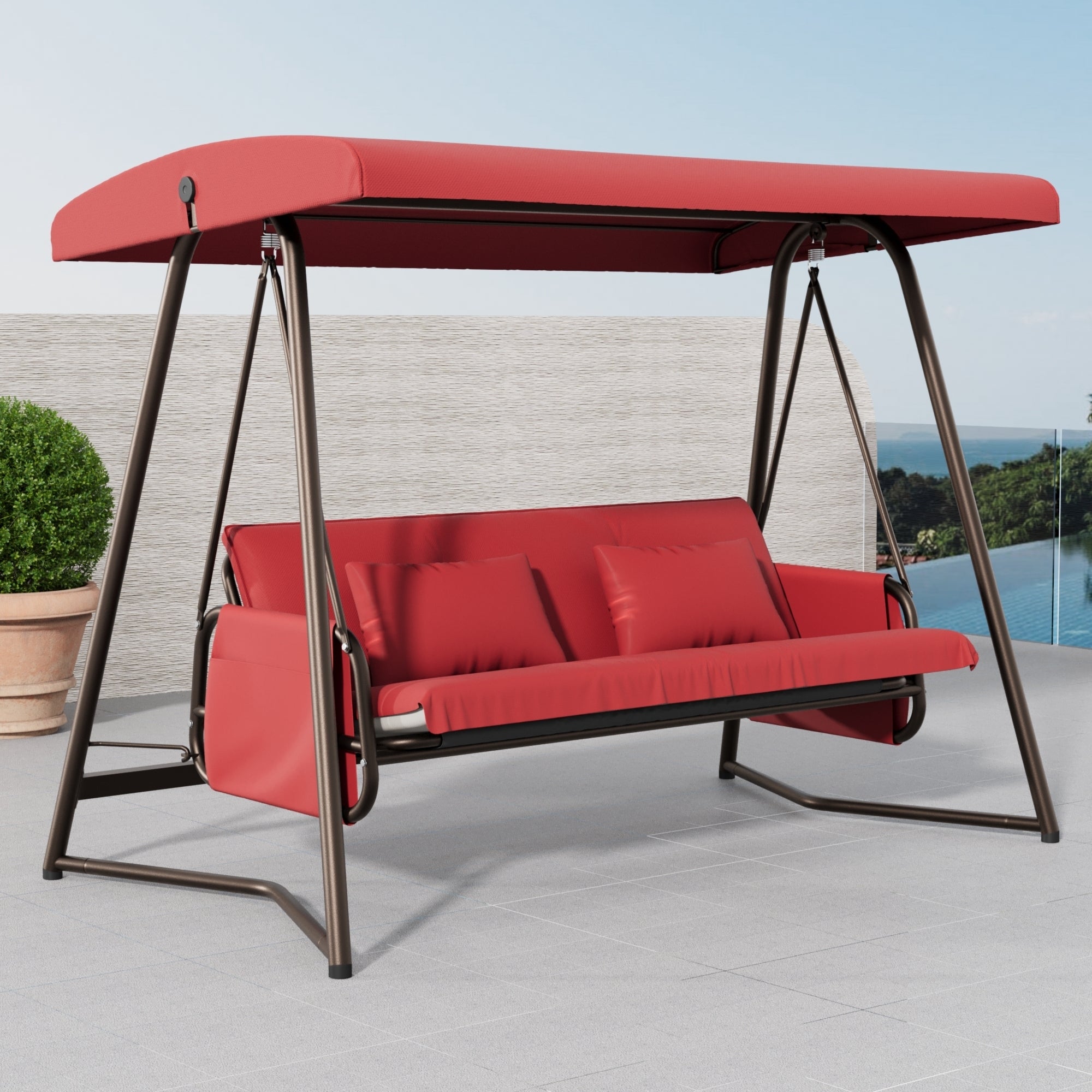 Outdoor Patio 3 seaters Metal Swing Chair with Cushion and Adjustable Canopy Red