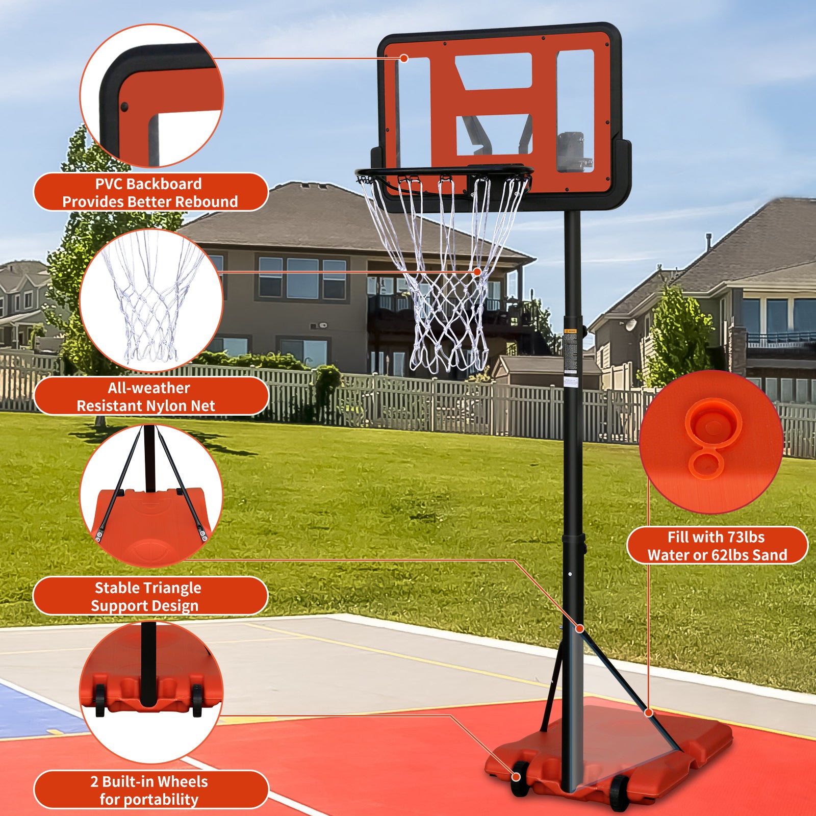 Outdoor Height Adjustable 4.8 to 7.7ft Basketball Hoop 44 Inch Backboard Portable Basketball Goal System with Stable Base and Wheels