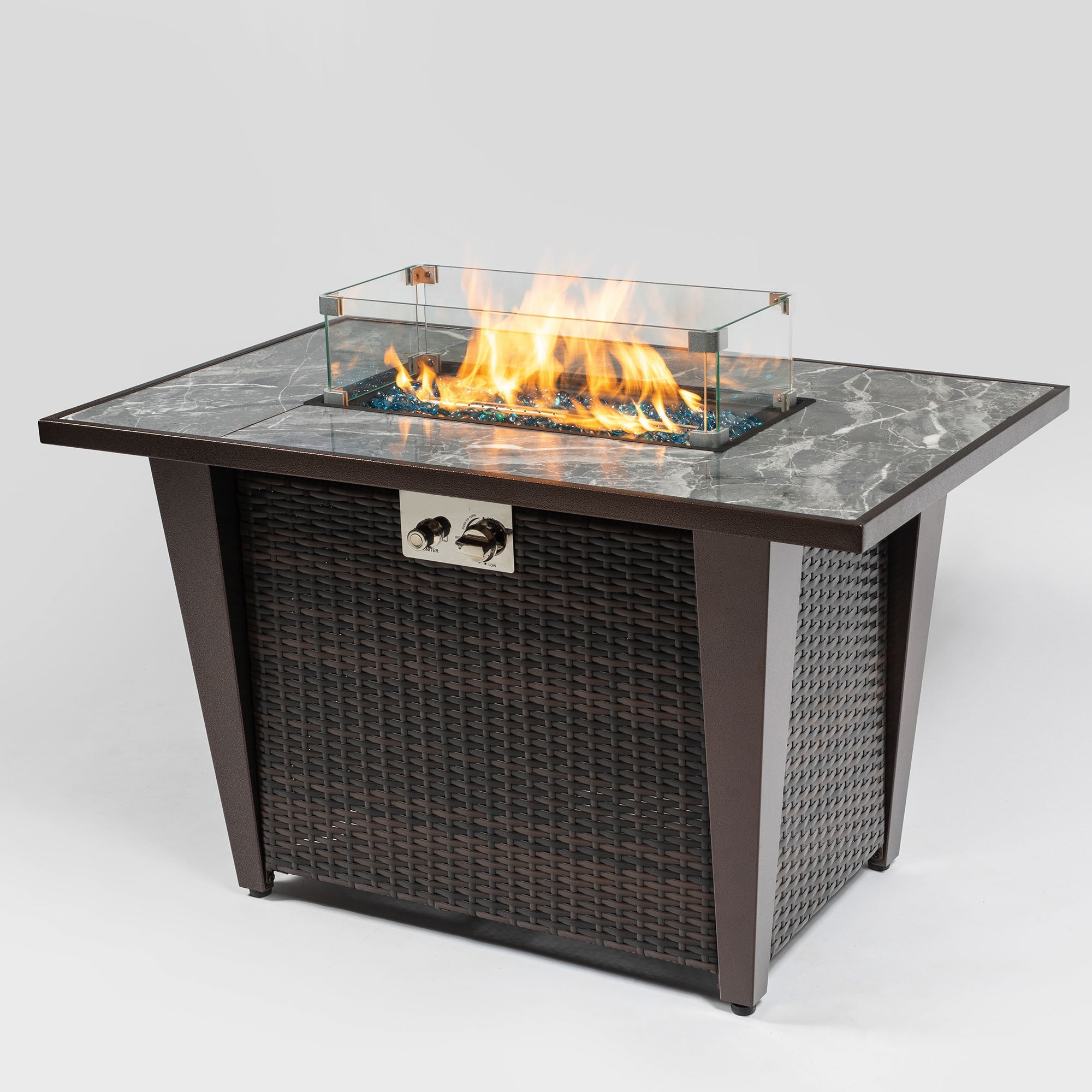 42inch Rattan Fire Pit Table with Ceramic Tile Tabletop, Glass Wind Guard and Rain cover, Lid