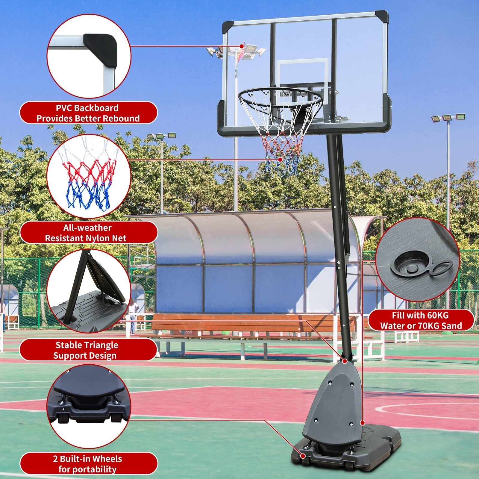 Height Adjustable 7 to 10ft Basketball Hoop 44 Inch Backboard Portable Basketball Goal System with Stable Base and Wheels,