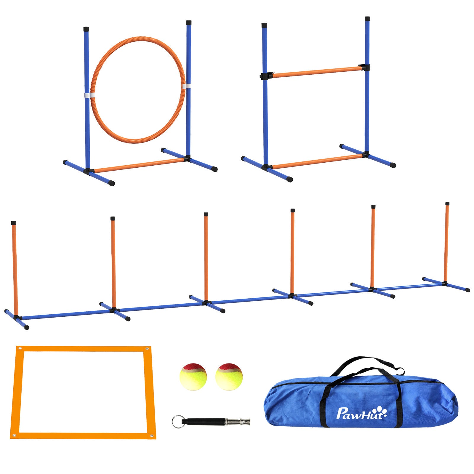 PawHut 4 Pieces Dog Agility Training Equipment, Dog Obstacle Course Starter Kit, Pet Outdoor Games with Weave Poles, Adjustable Hurdle Jumping Ring, Pause Box, Whistle, Toy Balls for Backyard, Orange