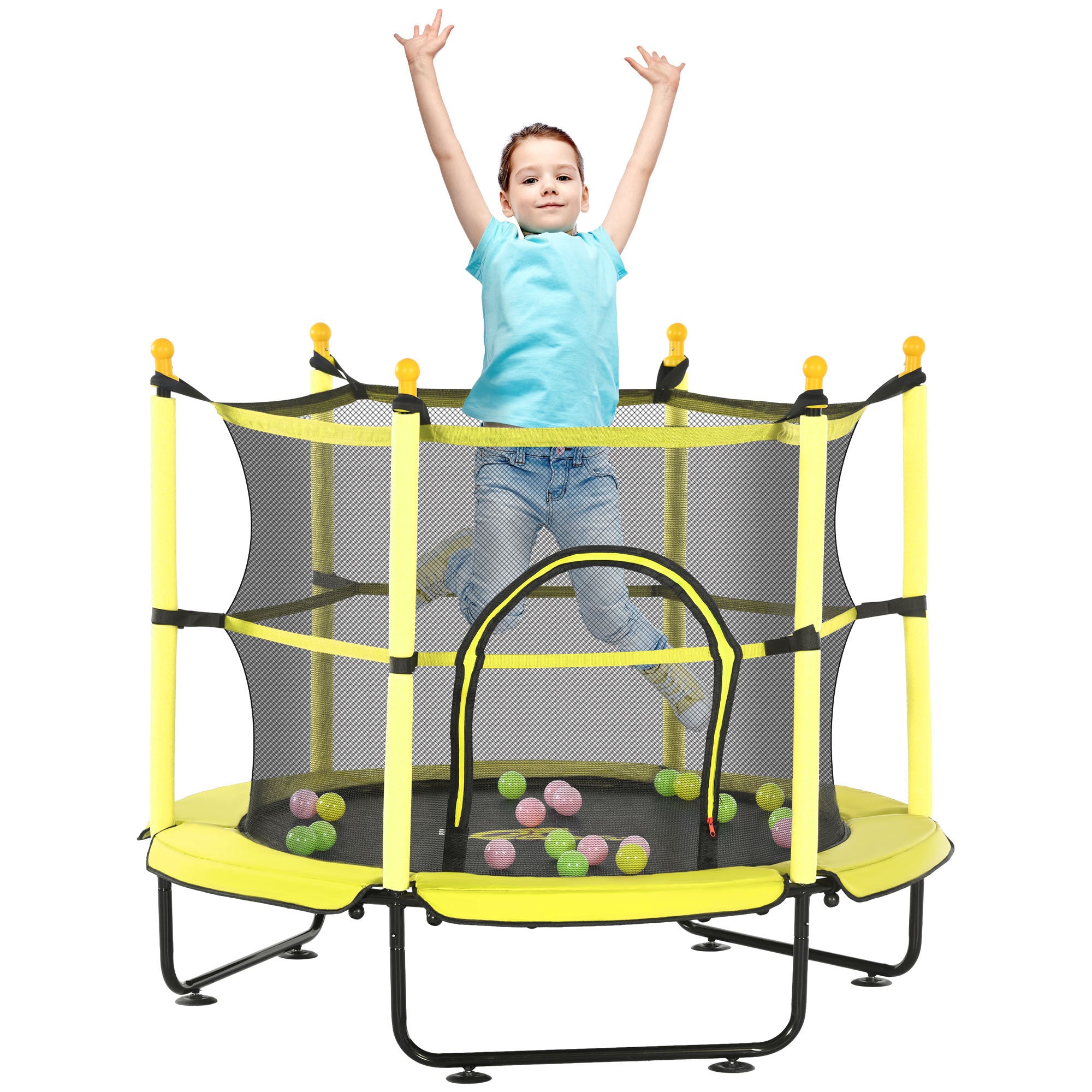 Qaba 4.6' Trampoline for Kids, 55 Inch Toddler Trampoline with Safety Enclosure & Ball Pit for Indoor or Outdoor Use, Built for Kids 3-10 Years, Yellow