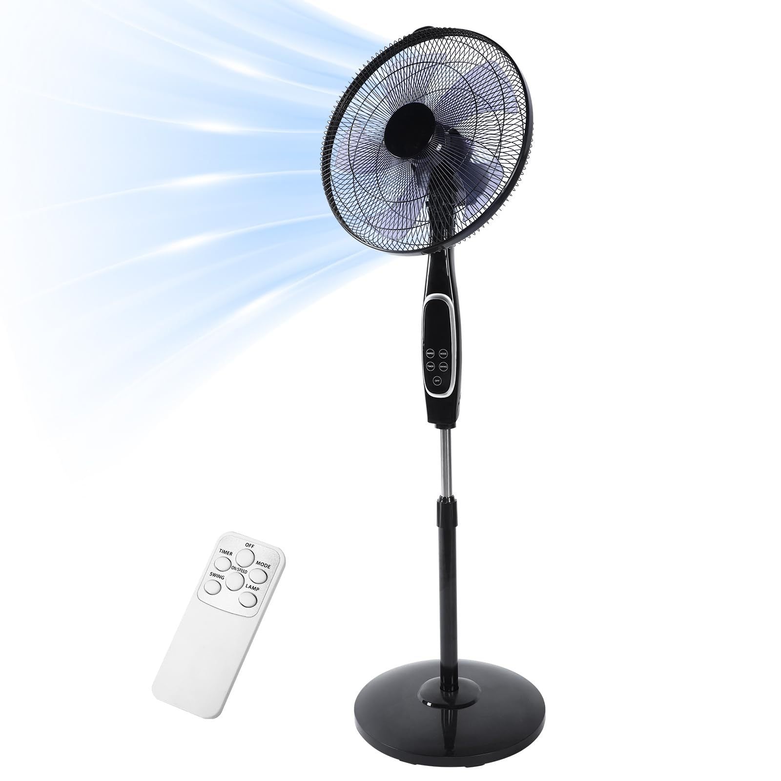 16-Inch Stand Fan with Remote Control - Adjustable Height, 3 Speeds, 45 Degree Oscillation, and Timer