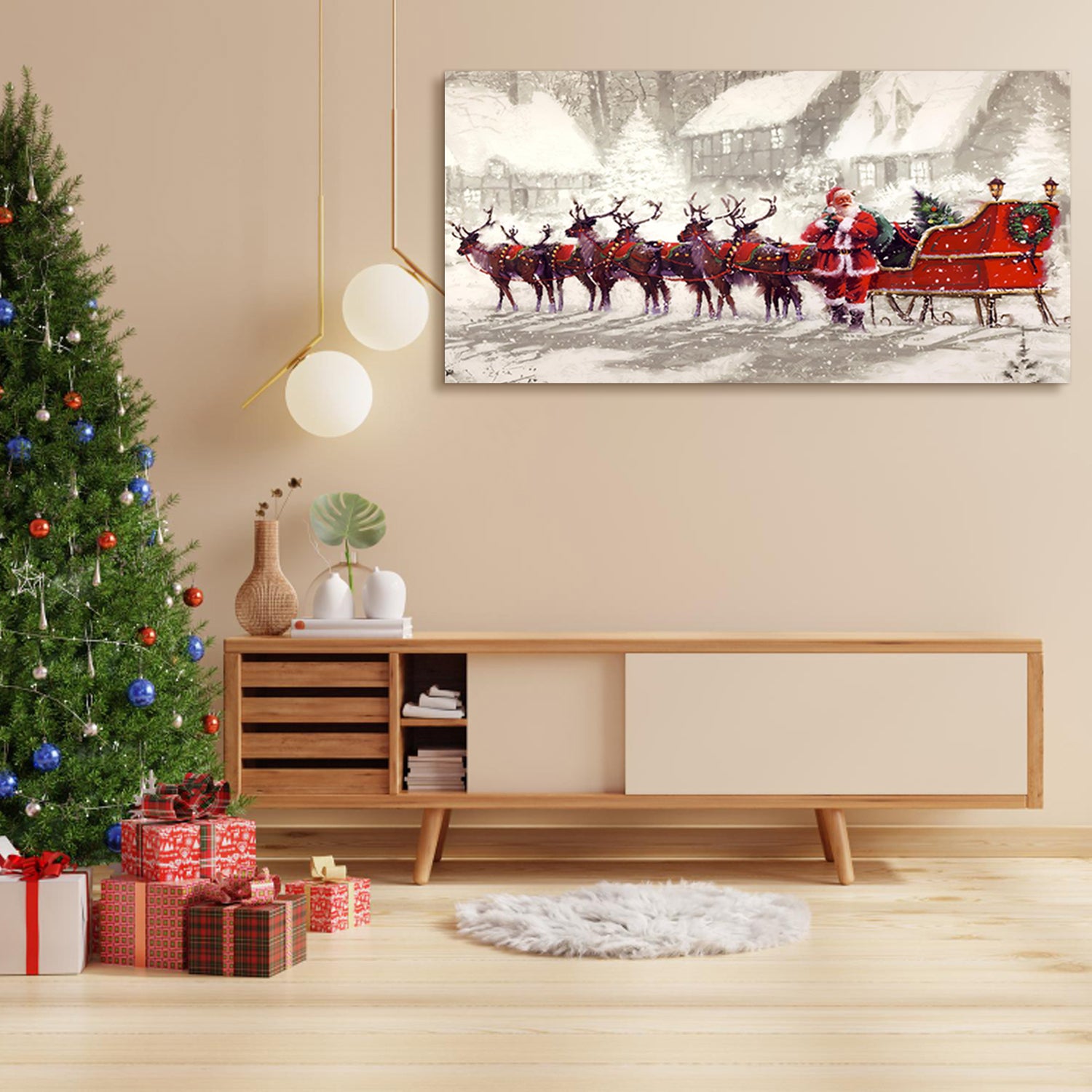 Framed Canvas Wall Art Decor , Santa Claus with Reindeer Sledge Painting