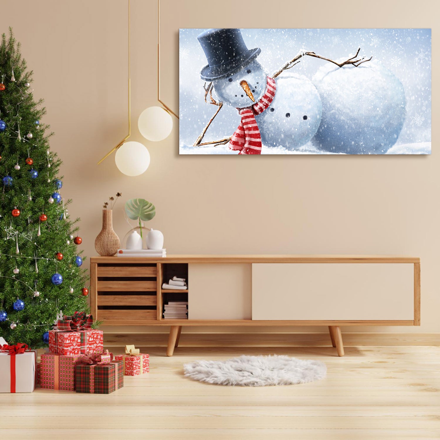 Framed Canvas Wall Art Decor - Cute Lying Snowman Painting