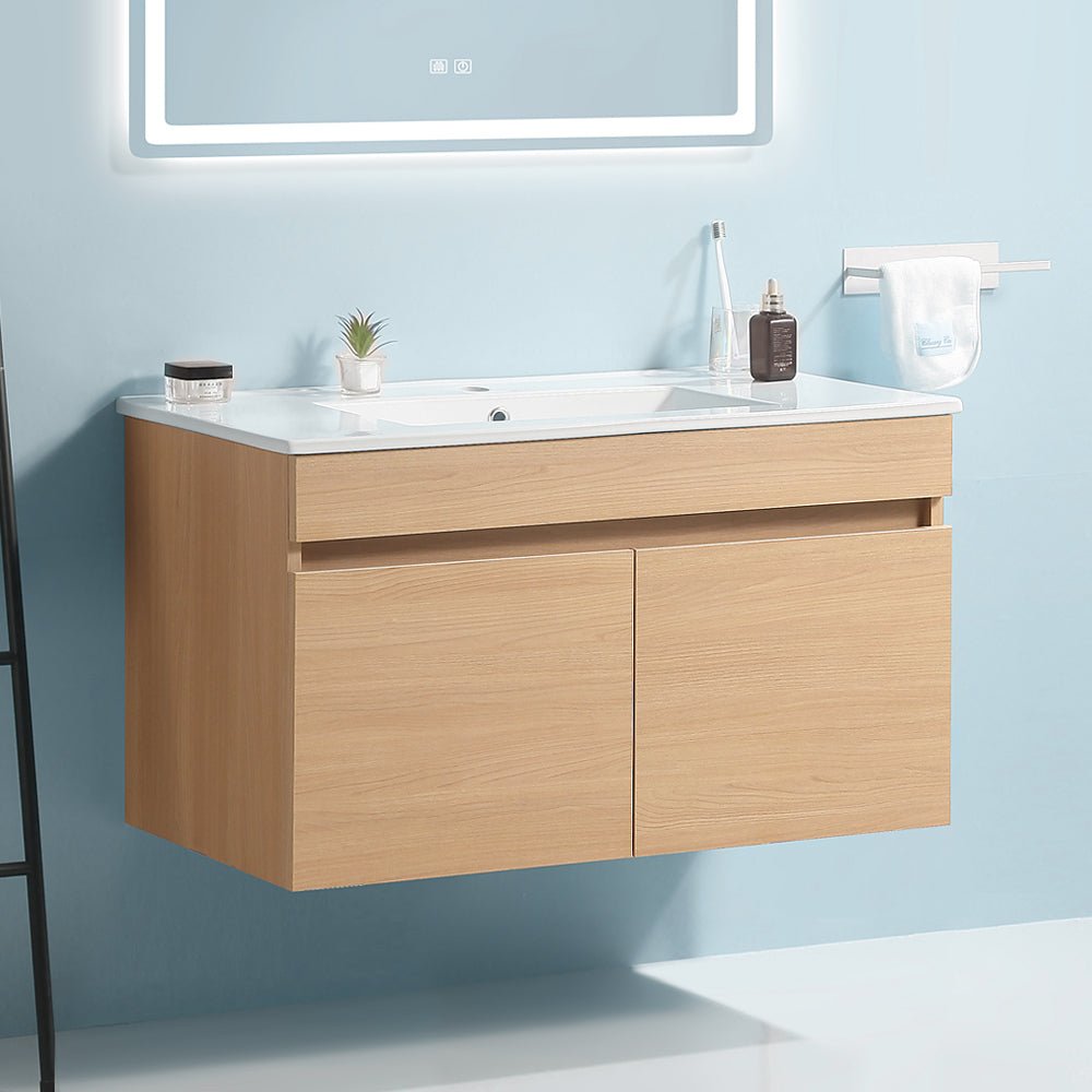 36 Inch Wall Mounted Bathroom Vanity with White Ceramic Basin,Two Soft  Close Cabinet Doors, Solid Wood,Excluding faucets,Light Oak