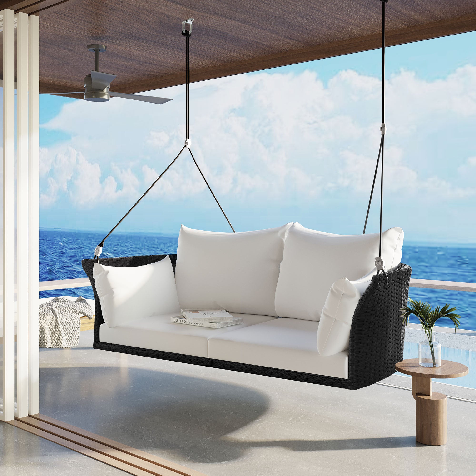 GO 51.9"" 2-Person Hanging Seat, Rattan Woven Swing Chair, Porch Swing With Ropes, Black Wicker And White Cushion