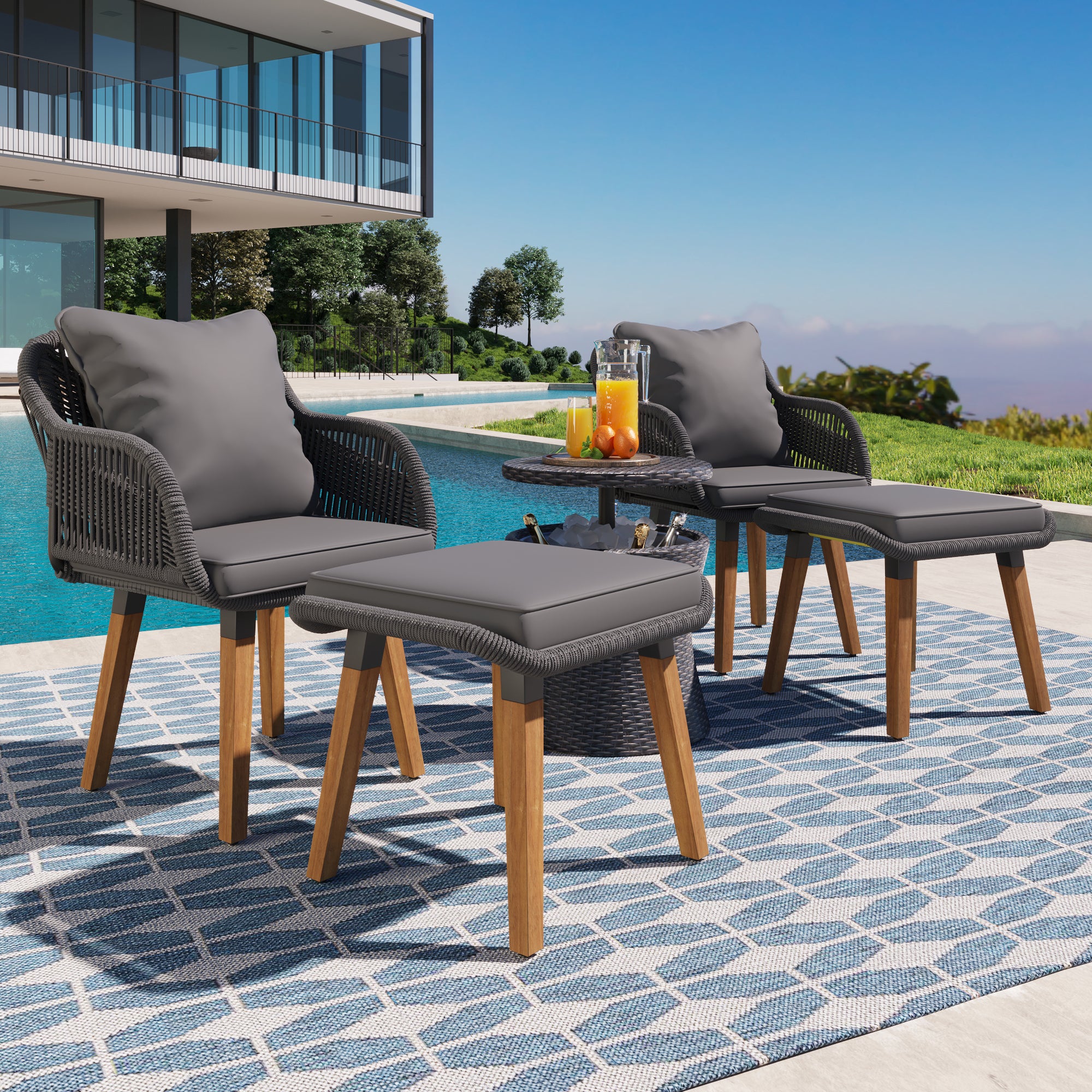 K&K 5 Pieces Patio Furniture Chair Sets, Patio Conversation Set With Wicker Cool Bar Table, Ottomans,Outdoor Furniture Bistro Sets for Porch,Backyard,Balcony,Poolside Grey