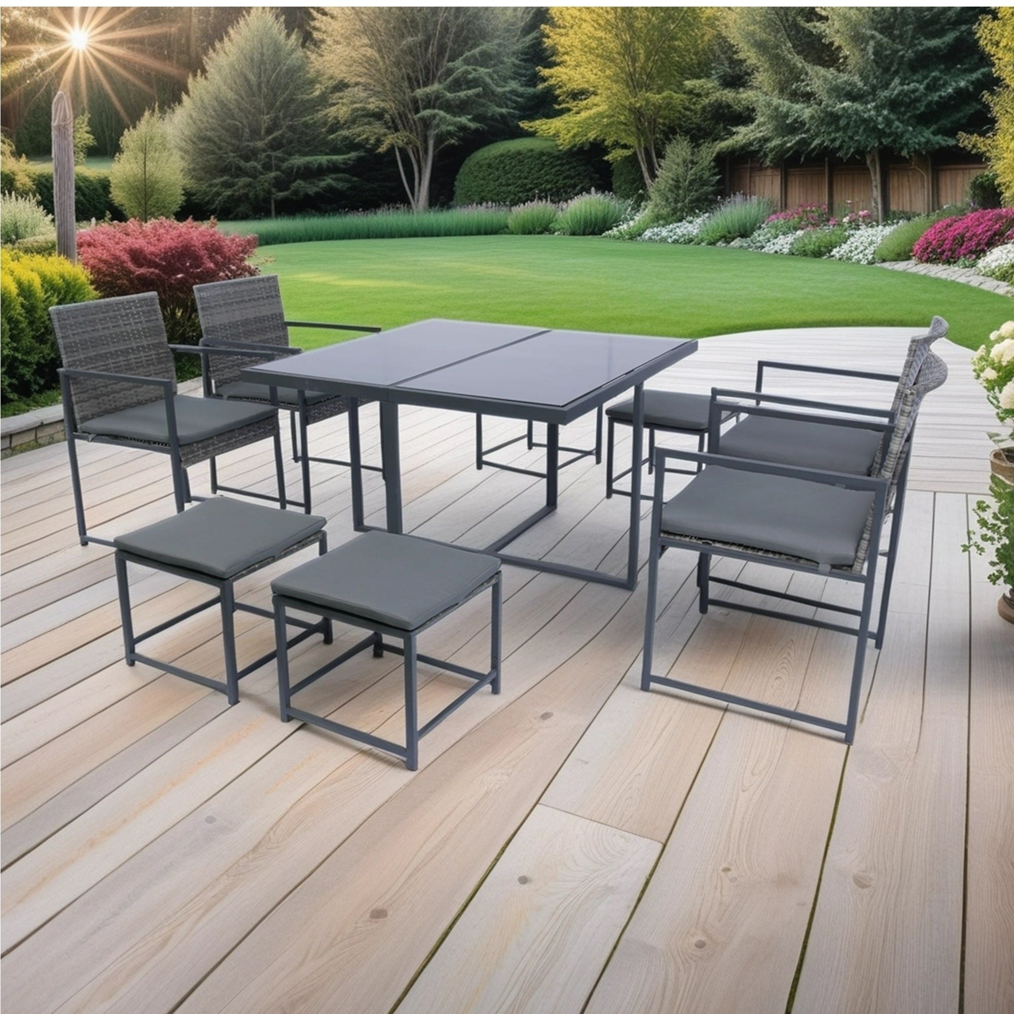 9 Pieces Patio Dining Sets Outdoor Space Saving Rattan Chairs with Glass Table Top Grey Wicker + Dark Grey Cushion