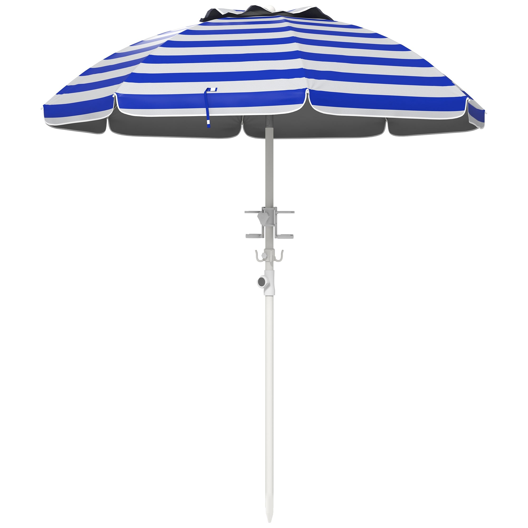 Outsunny 5.7' Portable Beach Umbrella with Tilt, Adjustable Height, 2 Cup Holders & Hooks, UV 40+ Ruffled Outdoor Umbrella with Vented Canopy, Blue White Stripe