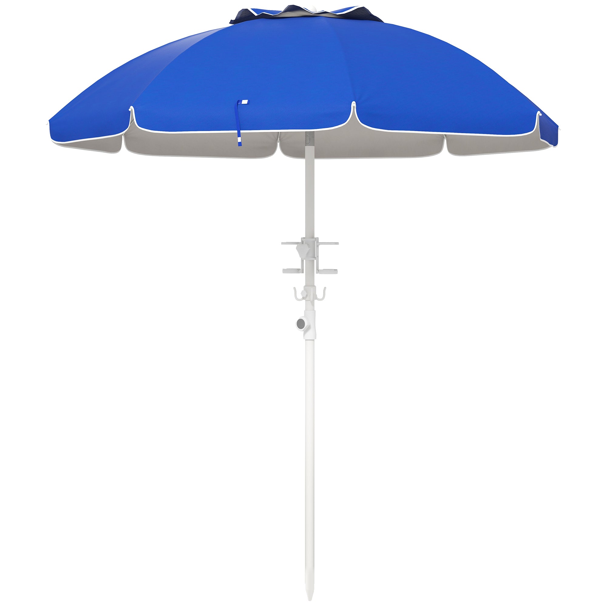 Outsunny 5.7' Portable Beach Umbrella with Tilt, Adjustable Height, 2 Cup Holders & Hooks, UV 40+ Ruffled Outdoor Umbrella with Vented Canopy, Blue