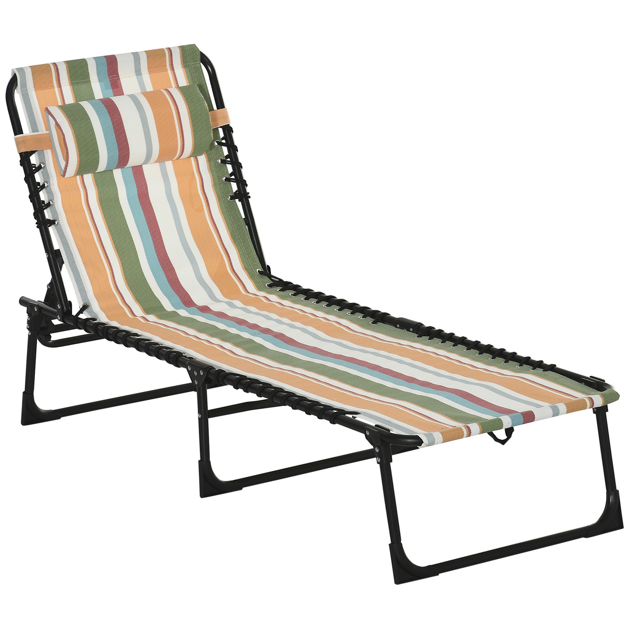 Folding Chaise Lounge  Chair w/ 4-Position Reclining Back, Pillow, Breathable Mesh & Bungee Seat -Rainbow Striped