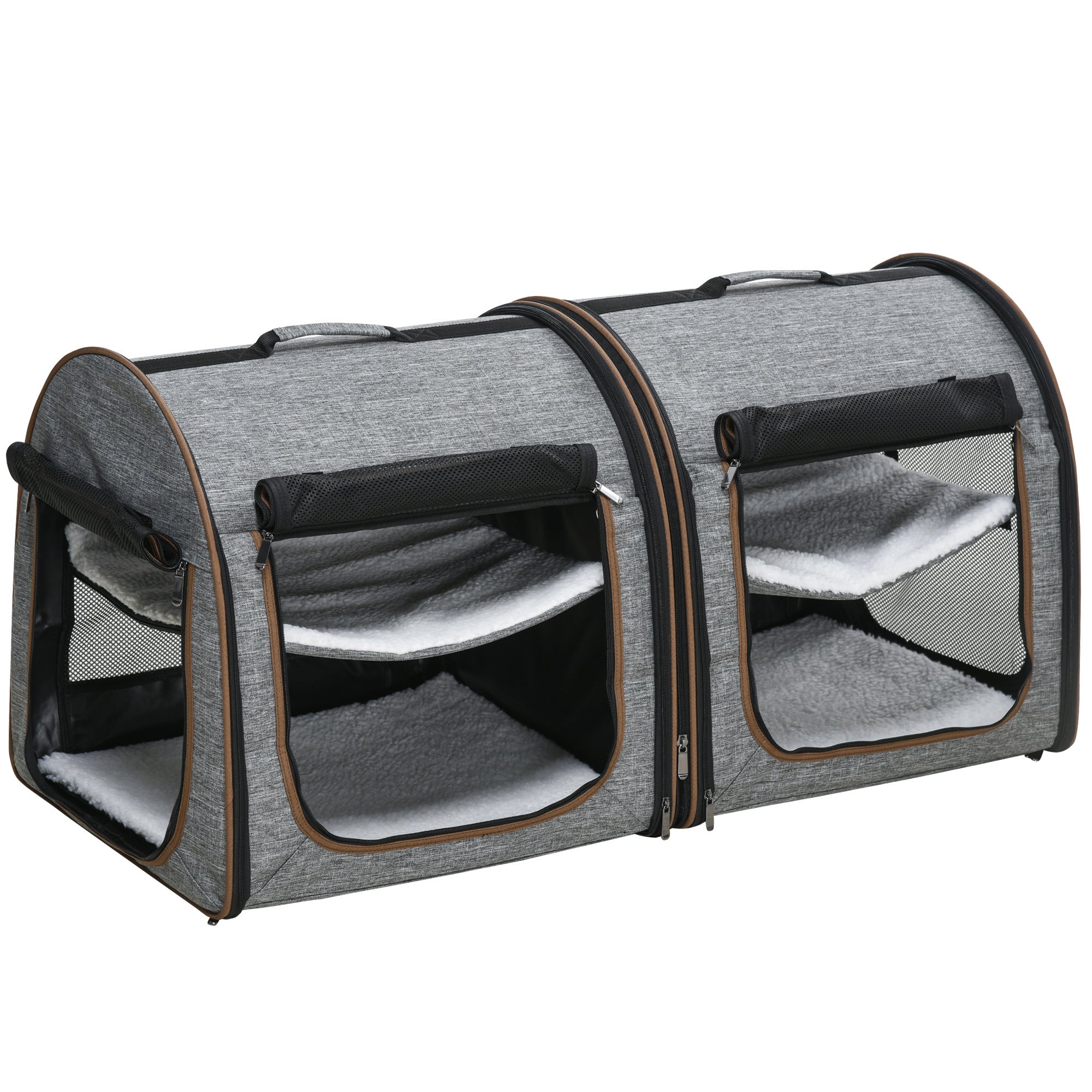 PawHut 39"" Portable Soft-Sided Pet Cat Carrier with Divider, Two Compartments, Soft Cushions, & Storage Bag, Grey