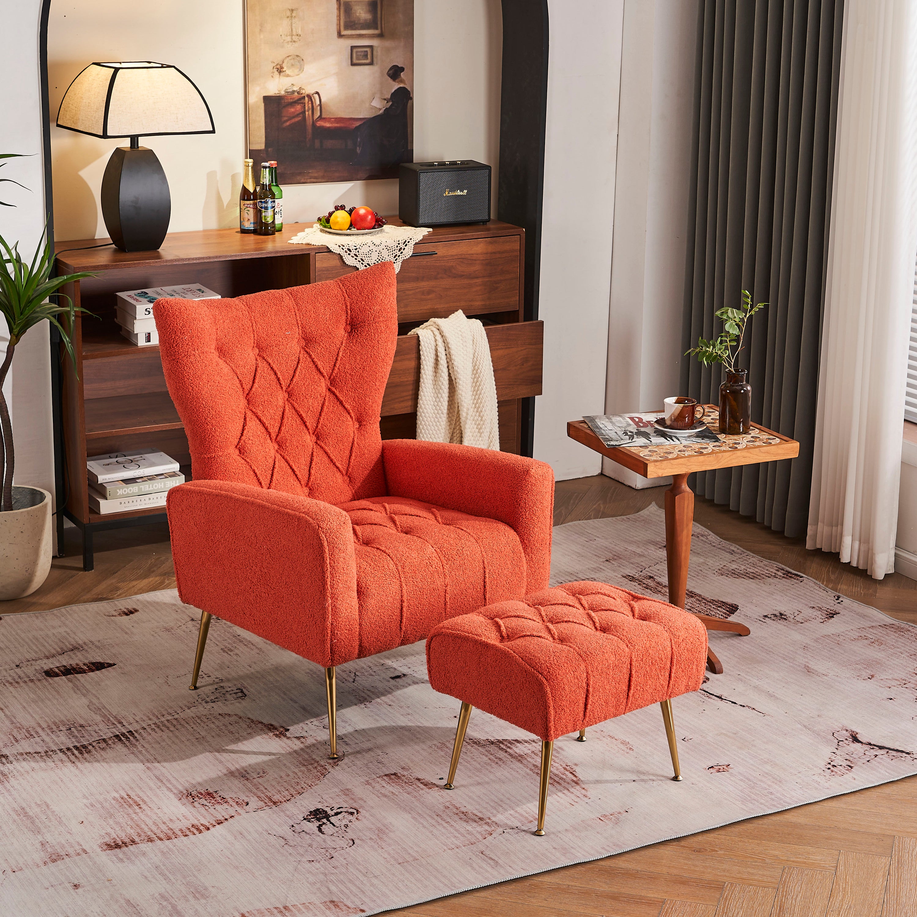 Modern Accent Chair with Ottoman,  Comfy  Armchair for Living Room, Bedroom, Apartment, Office (Brick red)