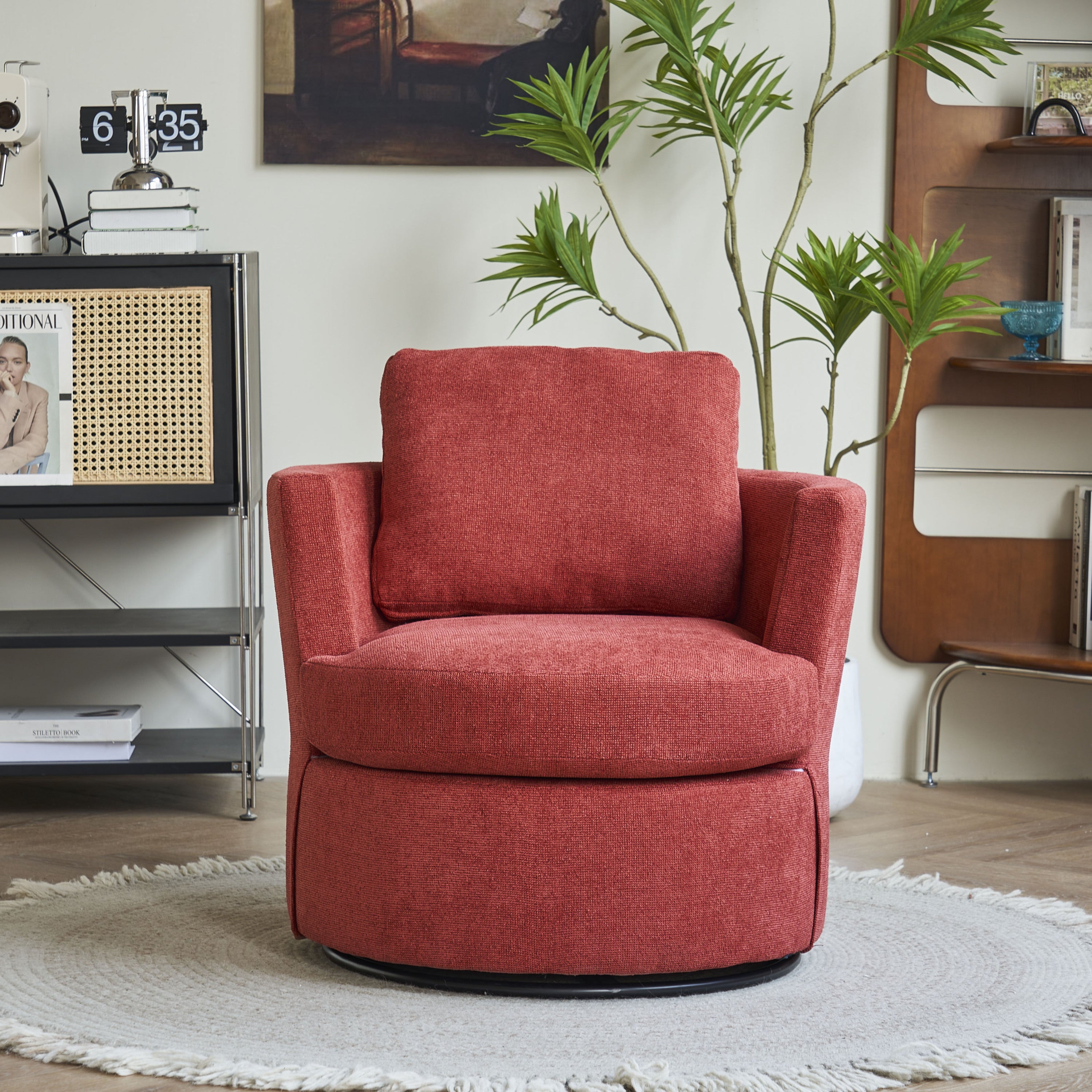 Swivel Barrel Chair, Comfy Round Accent Sofa Chair for Living Room,  Lounge(Brick Red)