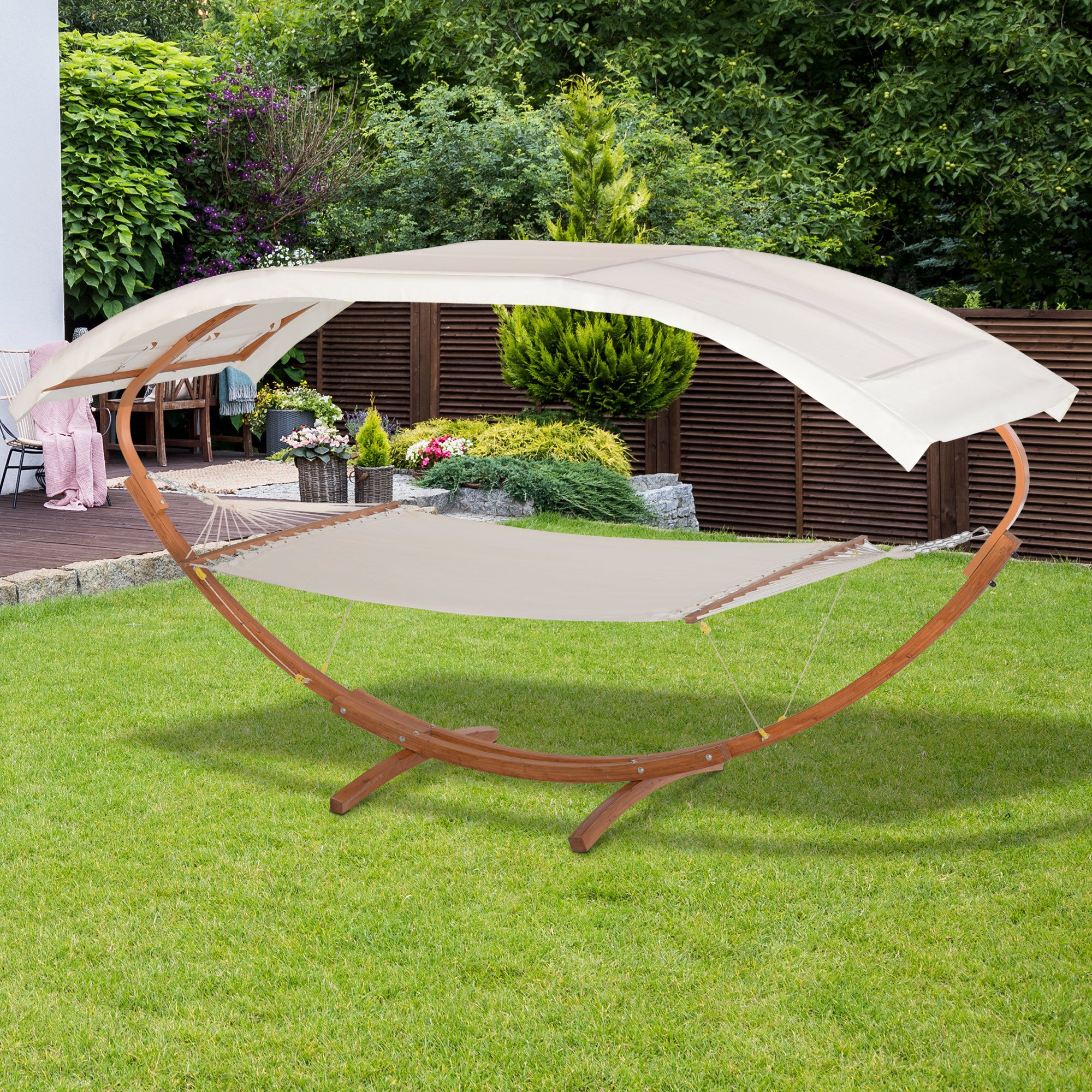 Outdoor Hammock with Stand & Accessories, Heavy Duty Wooden Frame, Extra Large Sun Shade Canopy,  Natural Cotton, White