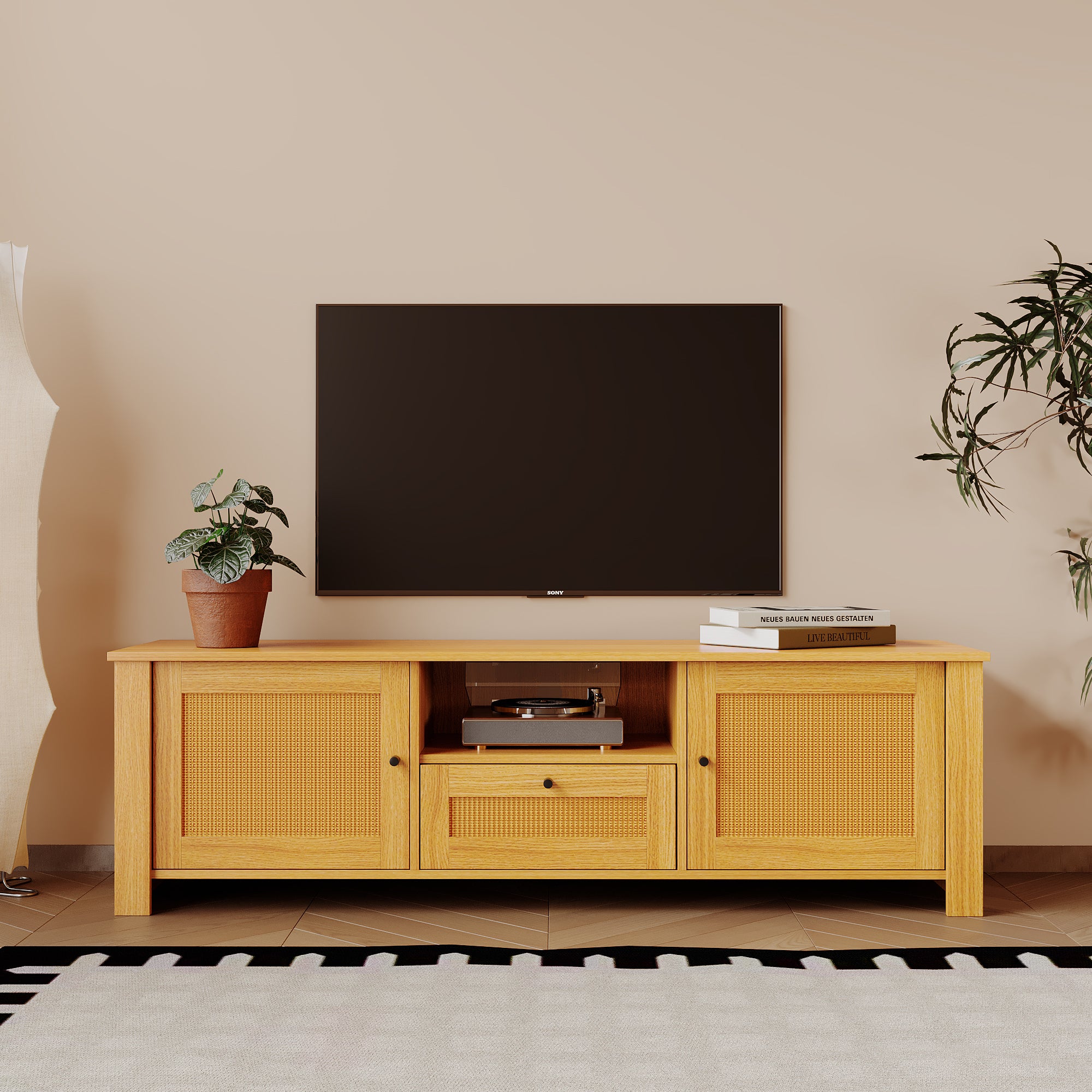 Farmhouse TV Stand Modern Wood Media Entertainment Center Console Table with 2Doors and  1   Open Shelves