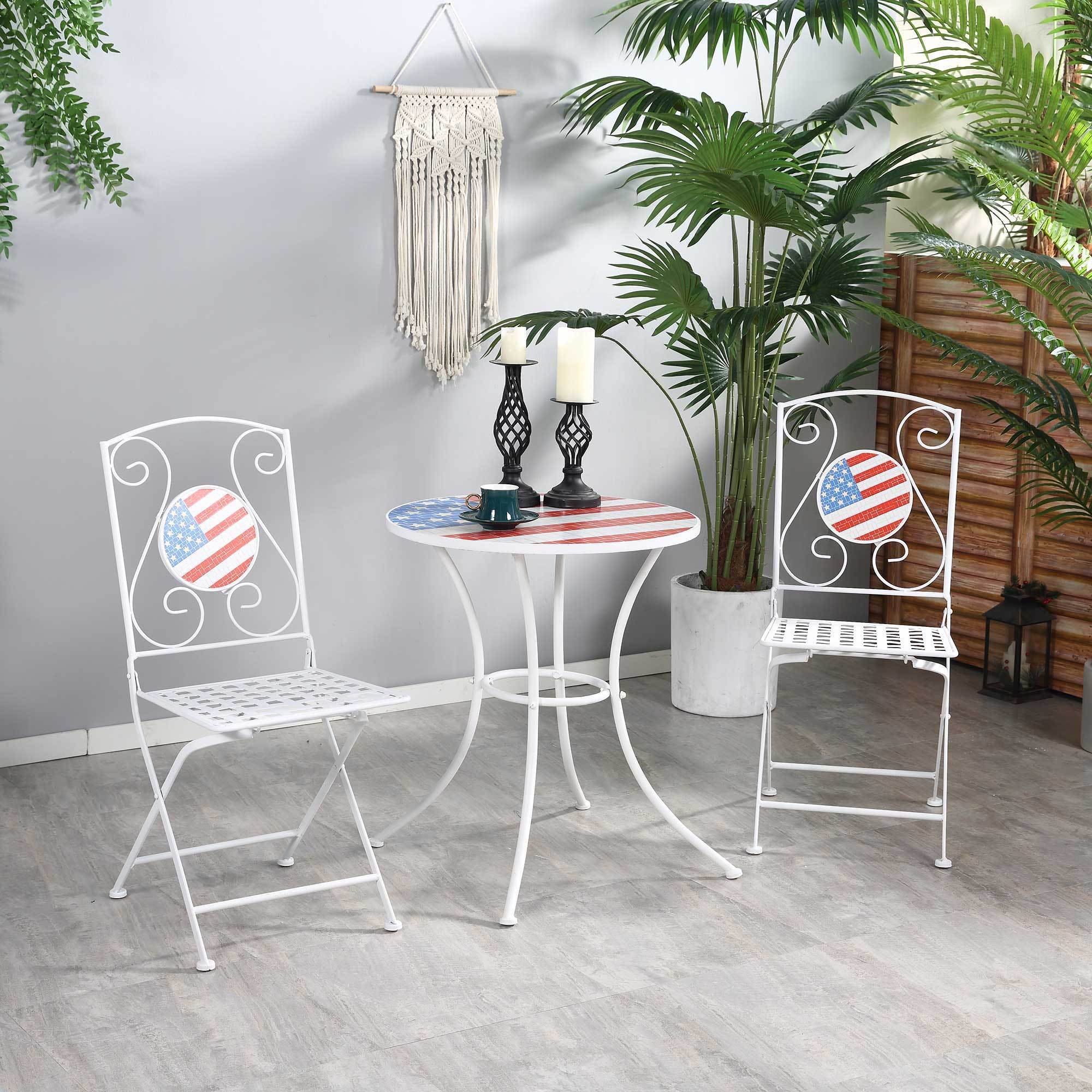 3 Piece Patio Bistro Set, Folding Outdoor Furniture with USA Mosaic Table and Chairs, Portable Metal Frames for 4th of July, Balcony, Backyard, Poolside, Porch, American Flag