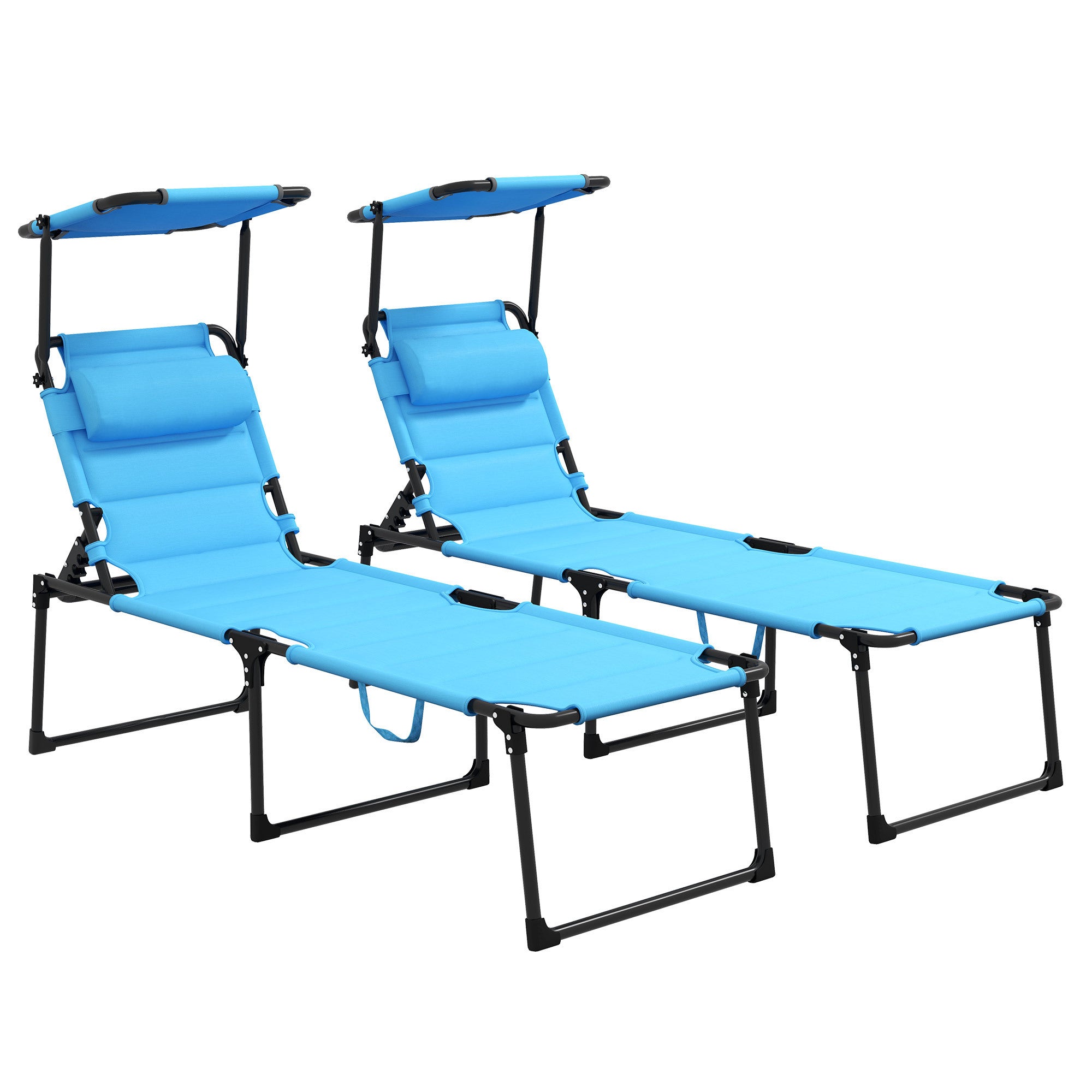 Outsunny 2 Pcs Outdoor Lounge Chair, Adjustable Backrest Folding Chaise Lounge, Cushioned Tanning Chair w/Sunshade Roof & Pillow Headrest for Beach, Camping, Hiking, Light Blue