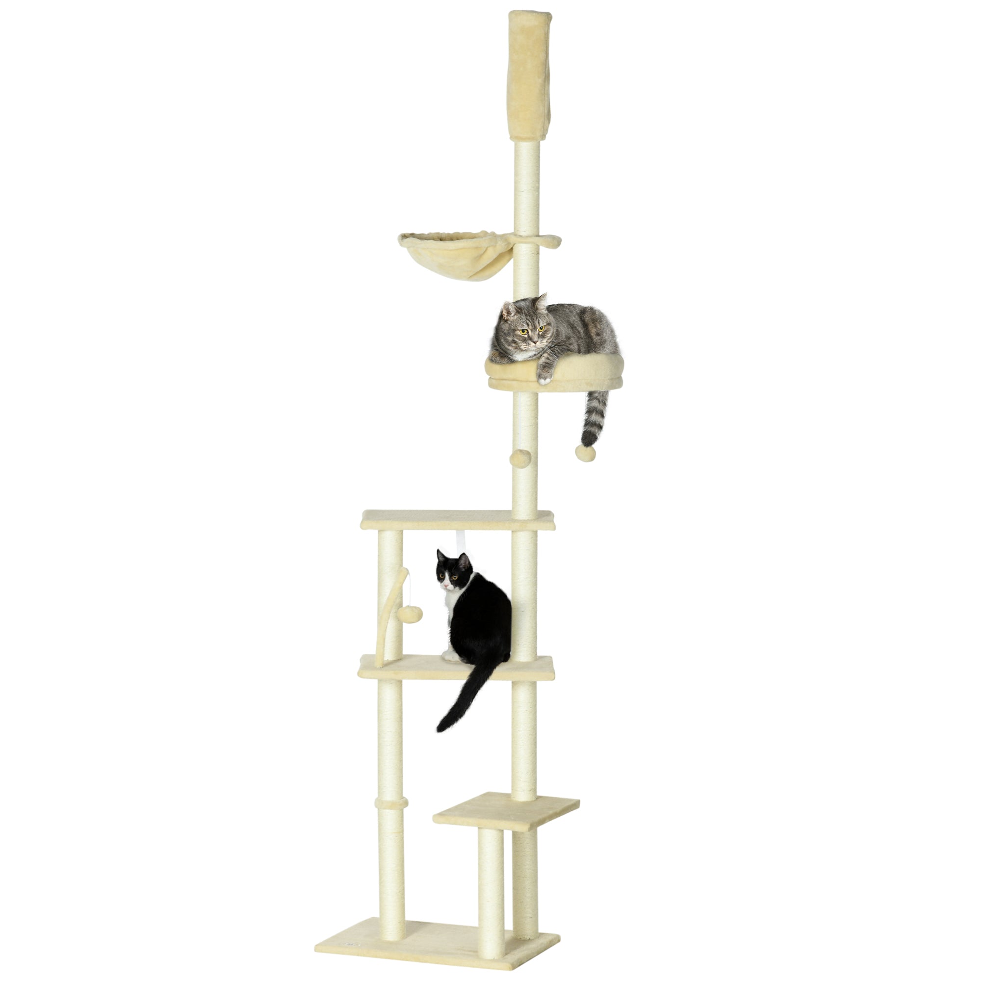 PawHut Floor to Ceiling Cat Tree, 90.5"" - 98.5"" Adjustable Height, Cat Climbing Tower with Carpeted Platforms, Cozy Bed, Hammock, Scratching Posts, Toy Balls, Activity Center for Kittens, Beige