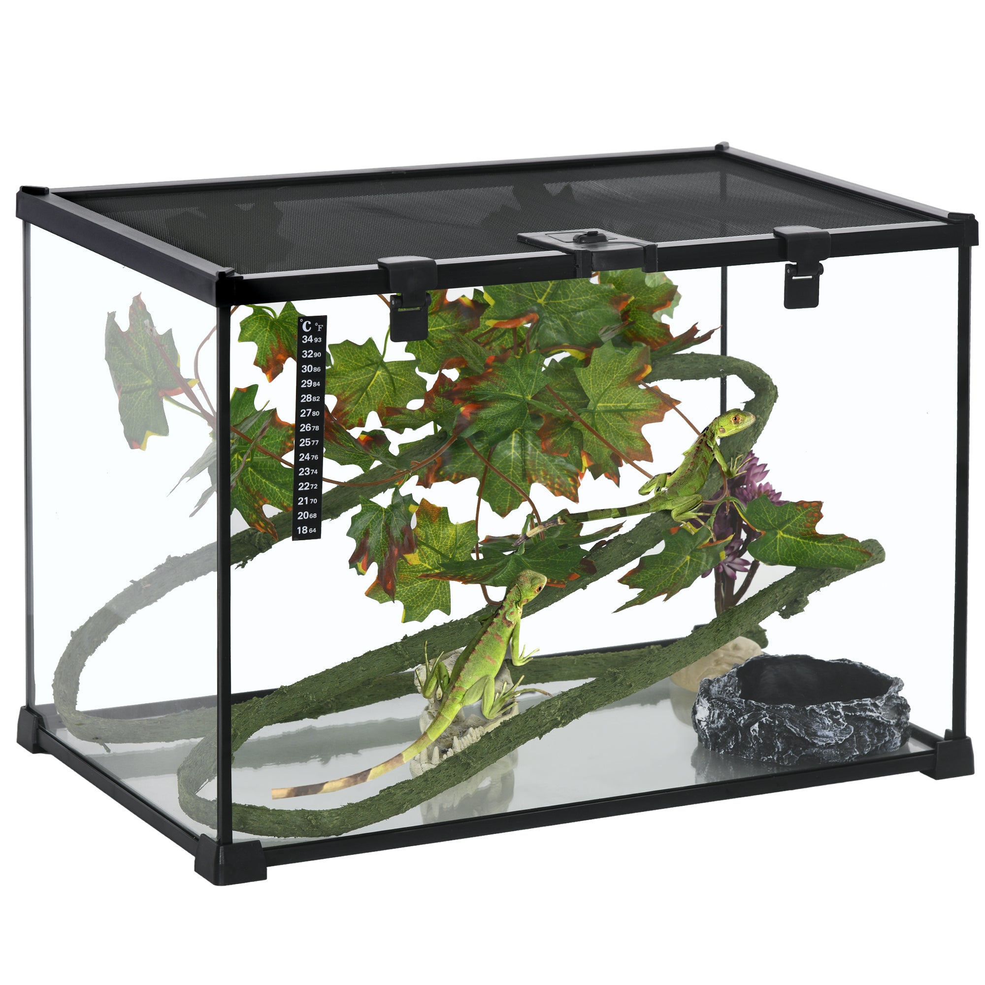 PawHut 14 Gallon Reptile Glass Terrarium Tank with Decor Kit, Breeding Box Full View with Visually Appealing Sliding Screen Top for Lizards, Frogs, Snakes, Spiders, 20"" x 12"" x 14"", Black