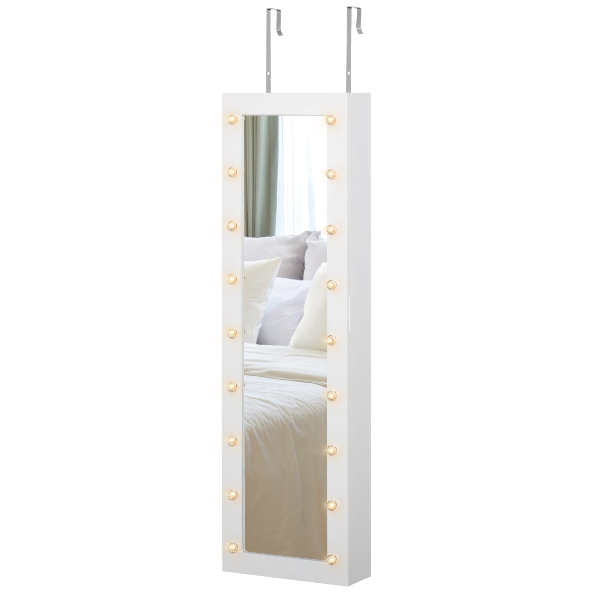 HOMCOM Jewelry Armoire with Mirror and 18 LED Lights, Wall-Mounted/Over-The-Door Cabinet with 3 Mountable Heights, White