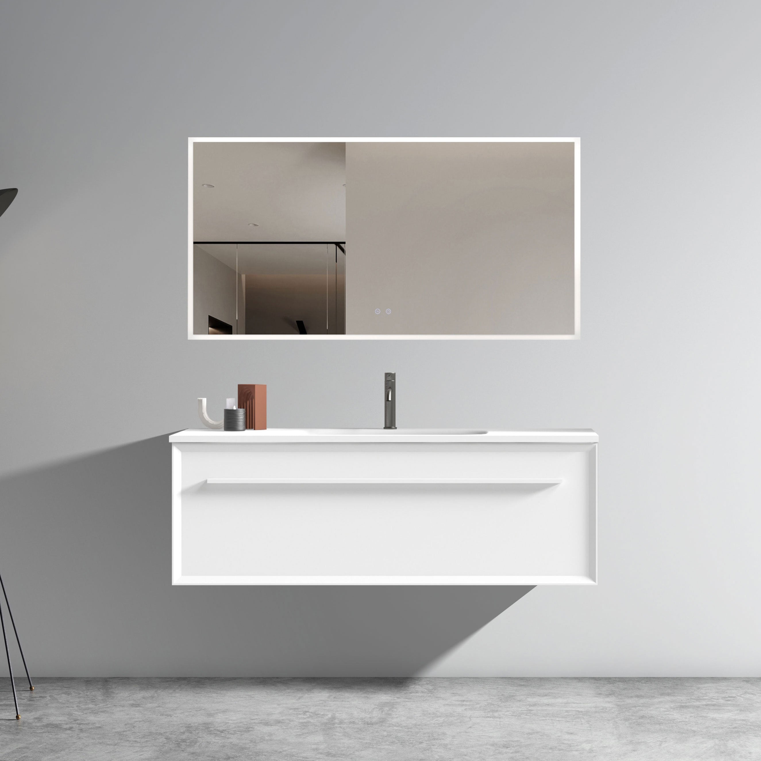 U051-Nevia48W-206 Nevia 48"" Matt Snow White Bathroom Vanity with White Solid Surface Sink, Wall Mounted Floating Bathroom Vanity for Modern Bathroom, One-Piece White Basin without Drain, Pre-assembled