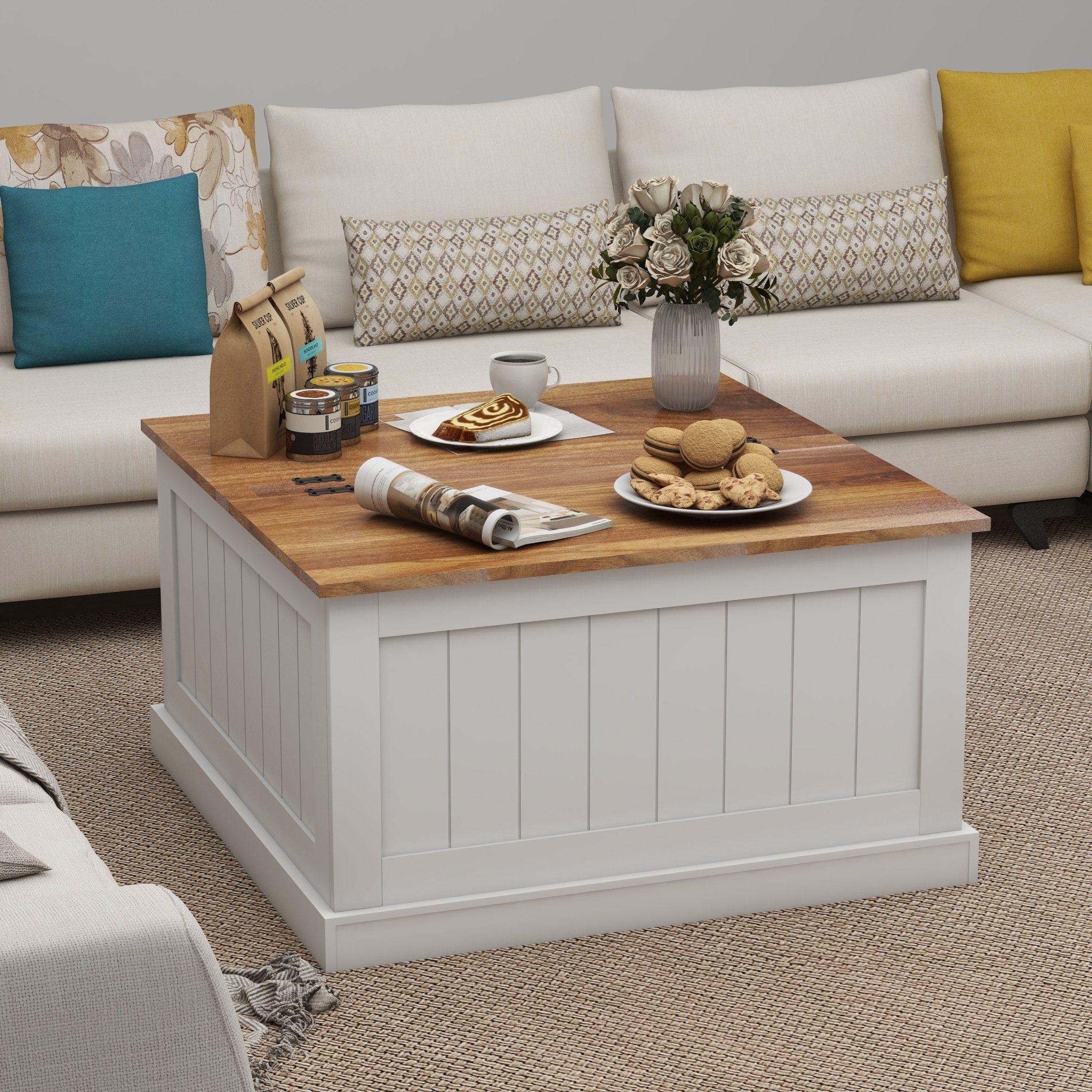 31.5"" Farmhouse Coffee Table, Square Wood Center Table with Hinged Lift Top, Rustic Cocktail Table with Large Hidden Storage Compartmen for Living Room-White