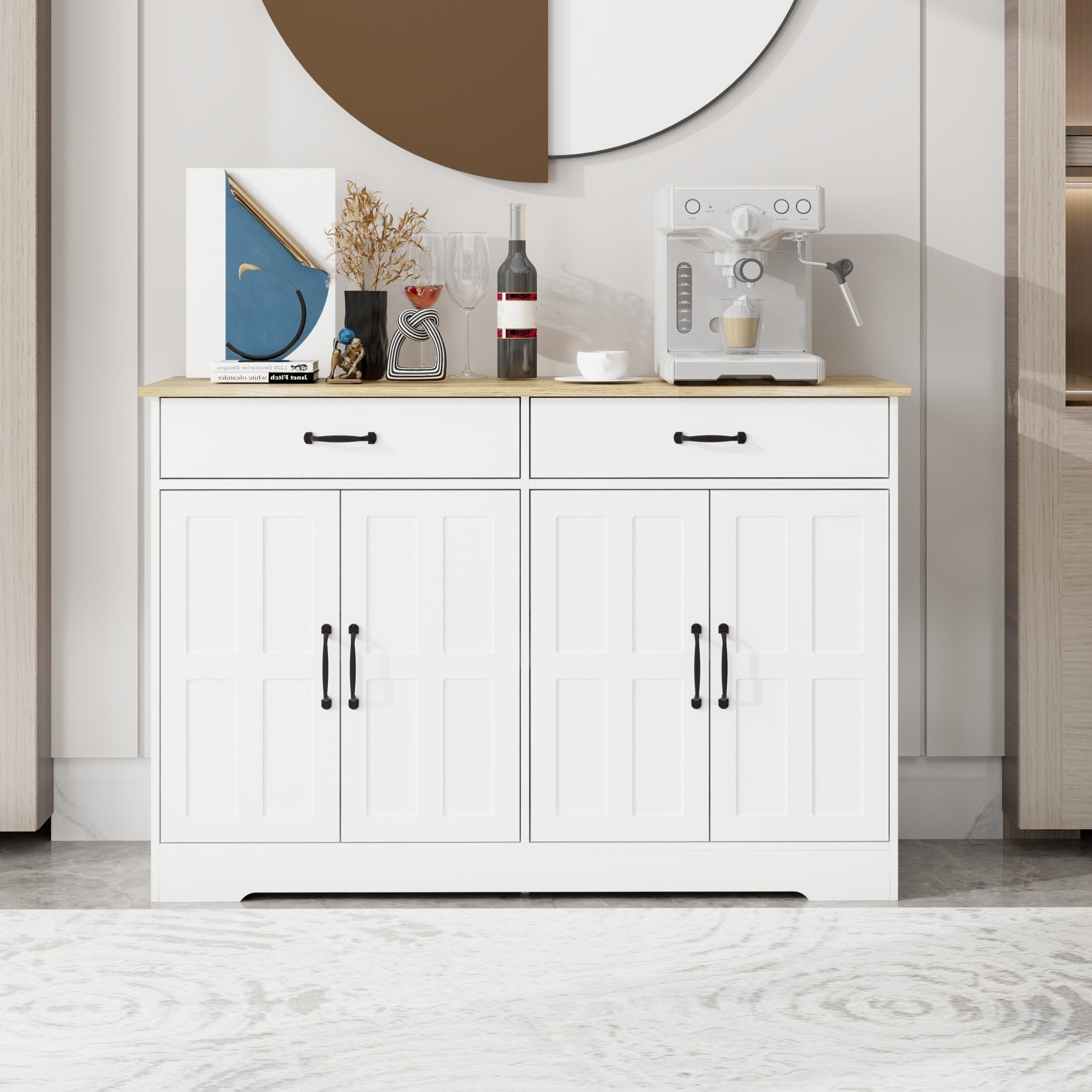 47.95"" Farmhouse Buffet Cabinet Storage Sideboard with 2 Drawers and 4 Doors for Dining Living Room Kitchen Cupboard-White