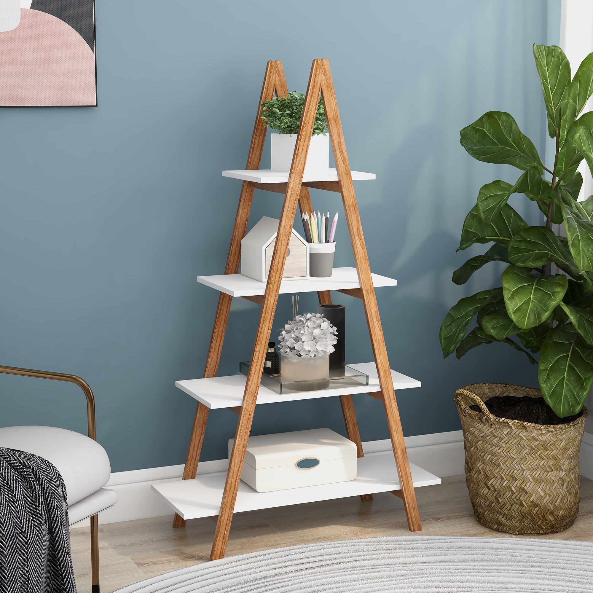 Solid bamboo wood oxford Aframe ladder display bookshelf