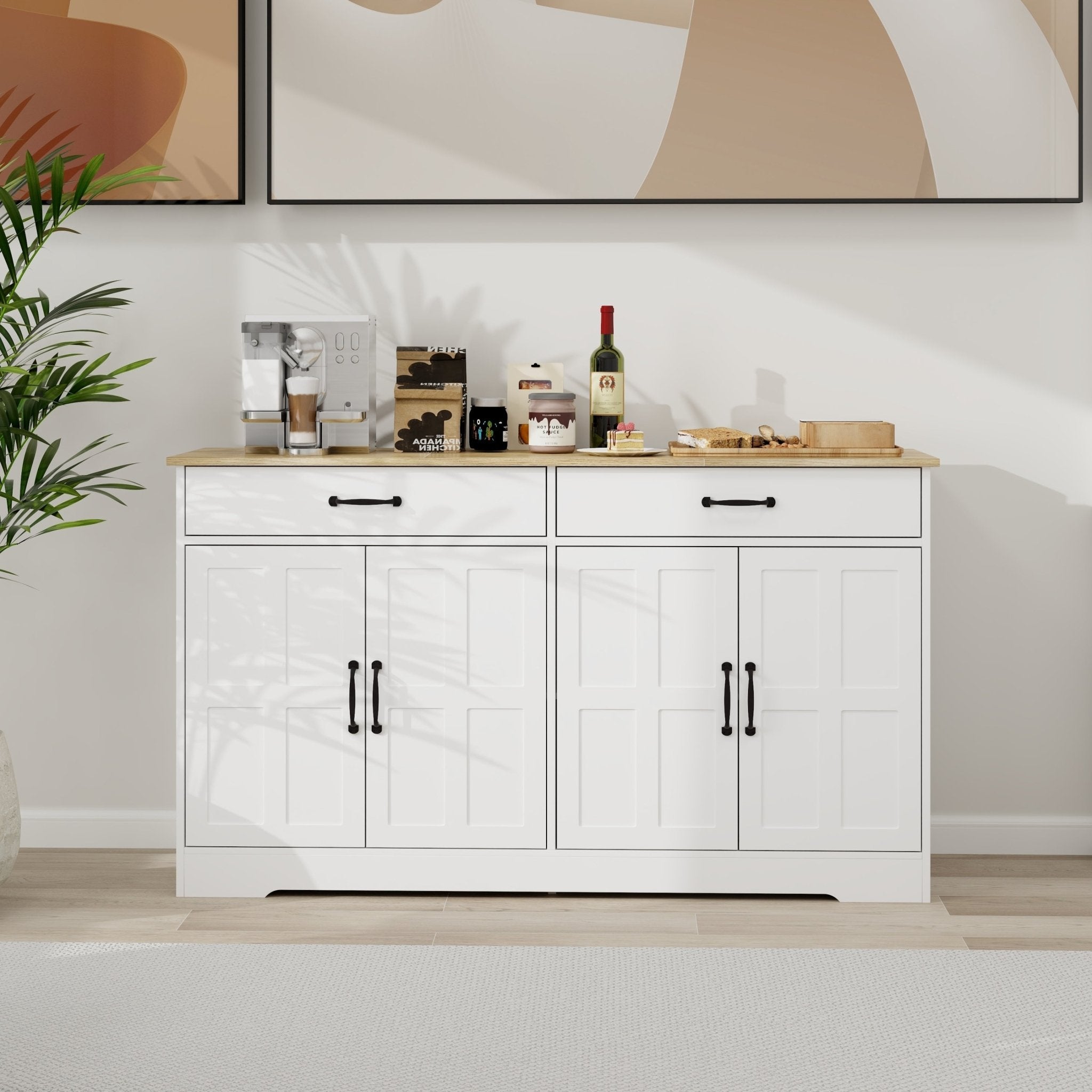 55.91"" Large Farmhouse Buffet Cabinet Storage Sideboard with 2 Drawers and 4 Doors for Dining Living Room Kitchen Cupboard-White