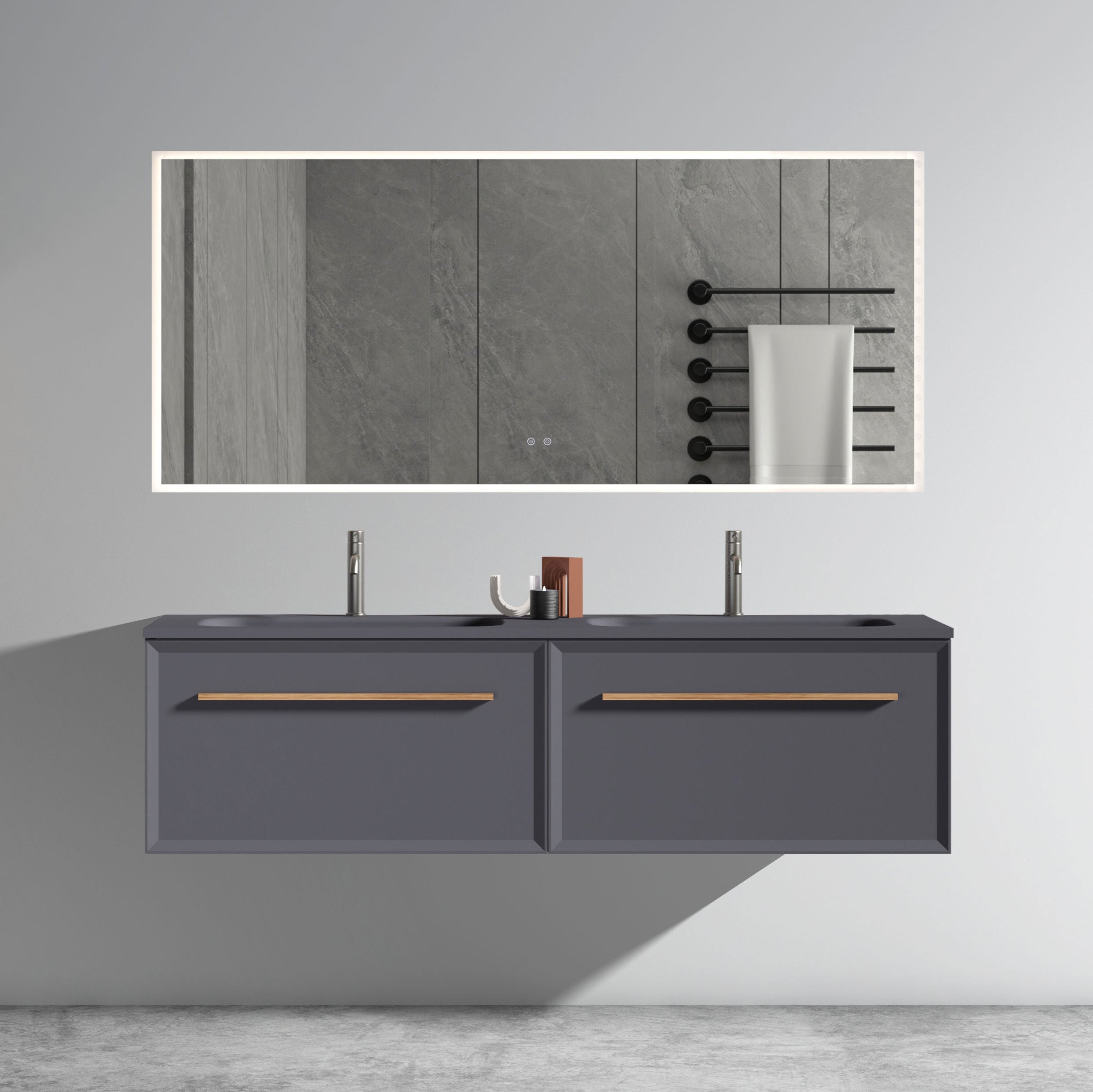 U054-Nevia60W-207 Nevia 60"" Exclusive Gray Bathroom Vanity with Gray Solid Surface Sink, Wall Mounted Floating Bathroom Vanity for Modern Bathroom, One-Piece Gray Basin WITHOUT Drain, Pre-assembled