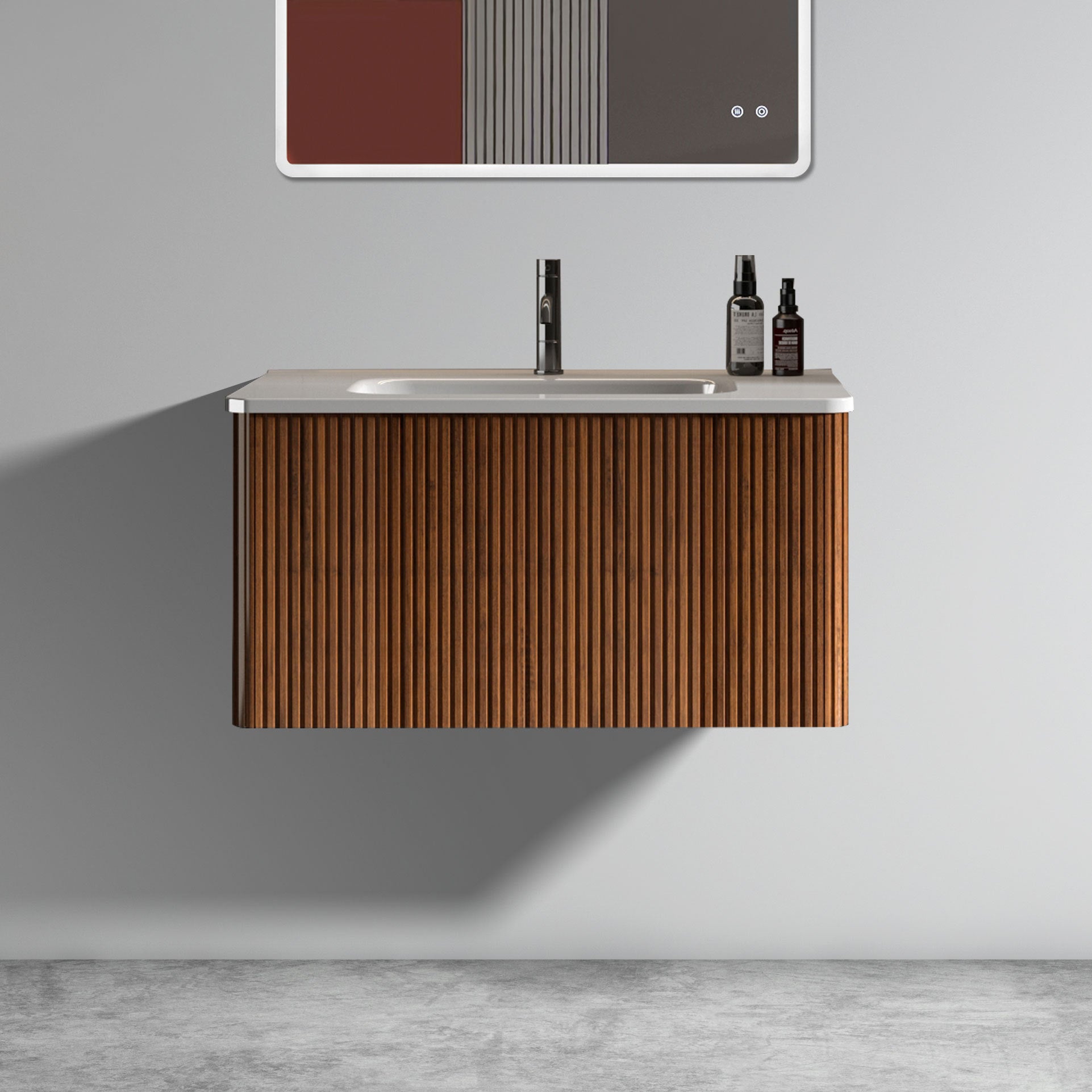 U047-Etna30W-305 Etna 30"" Striped Walnut Bathroom Vanity with White Ceramic Sink, Wall Mounted Floating Bathroom Vanity for Modern Bathroom, Pre-assembled