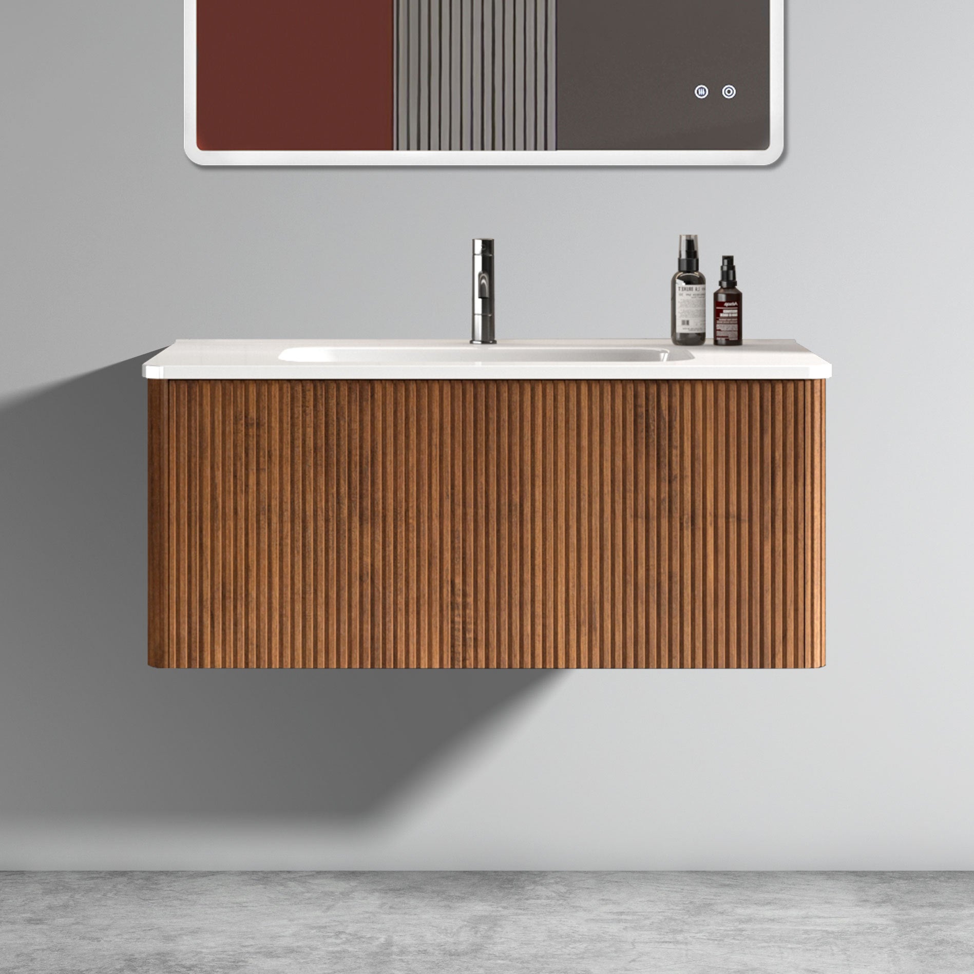 U048-Etna36W-305 Etna 36"" Striped Walnut Bathroom Vanity with White Ceramic Sink, Wall Mounted Floating Bathroom Vanity for Modern Bathroom, Pre-assembled