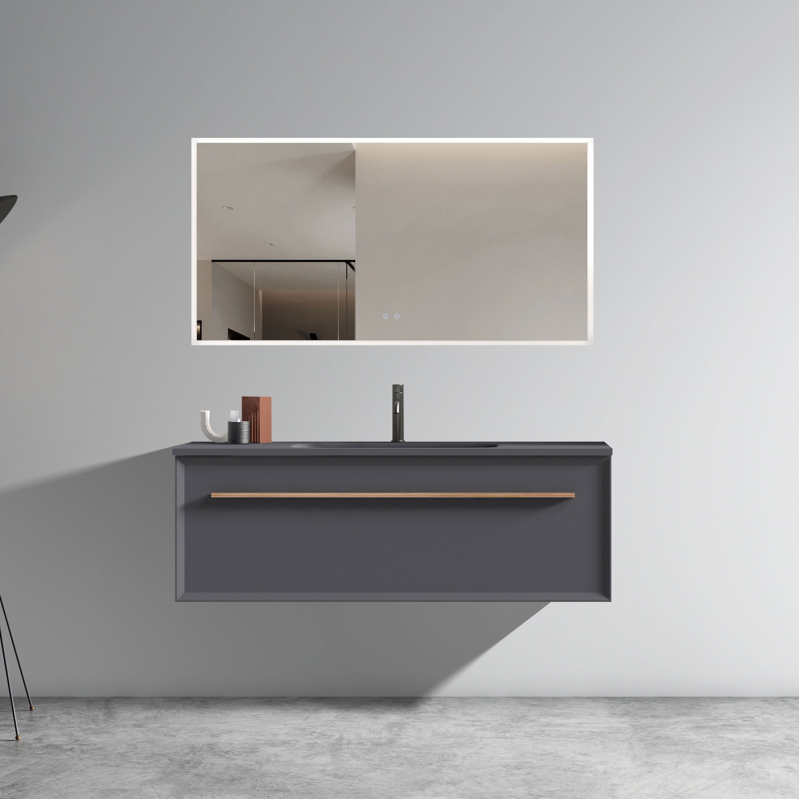 U053-Nevia48W-207 Nevia 48"" Exclusive Gray Bathroom Vanity with Gray Solid Surface Sink, Wall Mounted Floating Bathroom Vanity for Modern Bathroom, One-Piece Gray Basin without Drain, Pre-assembled