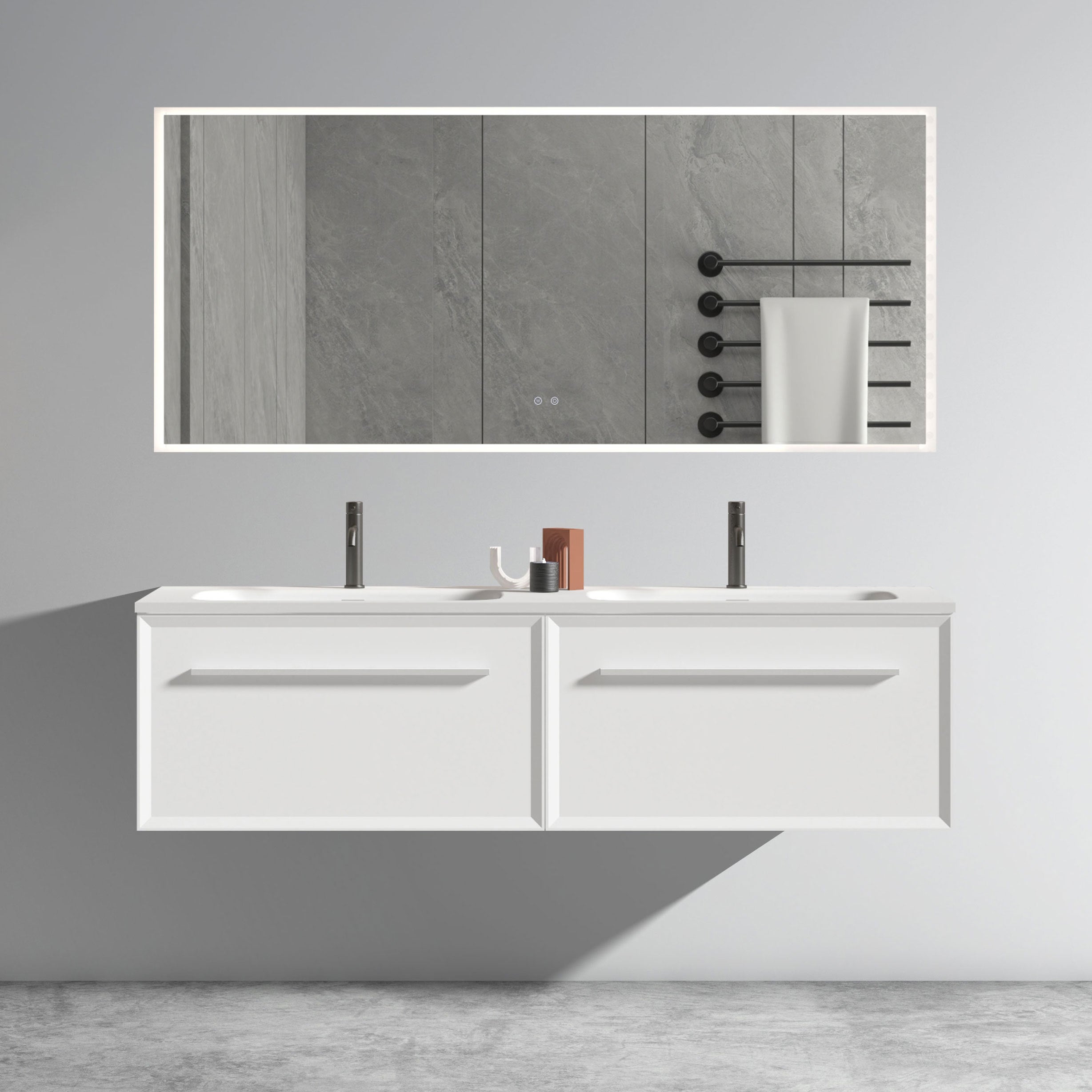 U052-Nevia60W-206 Nevia 60"" Matt Snow White Bathroom Vanity with Automatic LED Drawer Light, Wall Mounted Bathroom Vanity with Integrated Solid Surface Sink, WITHOUT Drain, Pre-assembled