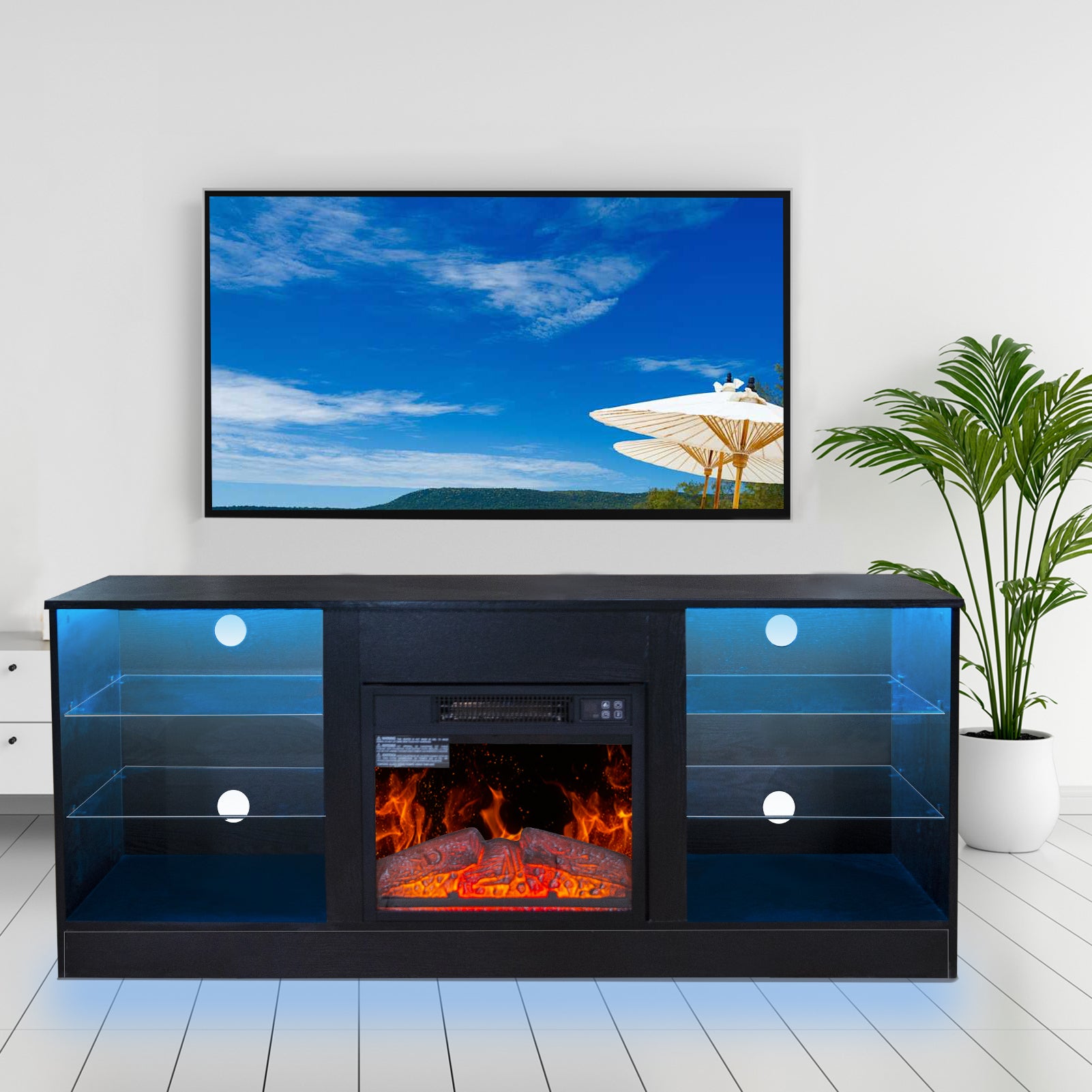 Fireplace TV Stand With 18 Inch Electric Fireplace Heater,Modern Entertainment Center for TVs up to 62 Inch With Adjustable Glass Shelves and Storage Cabinets  ( Black )