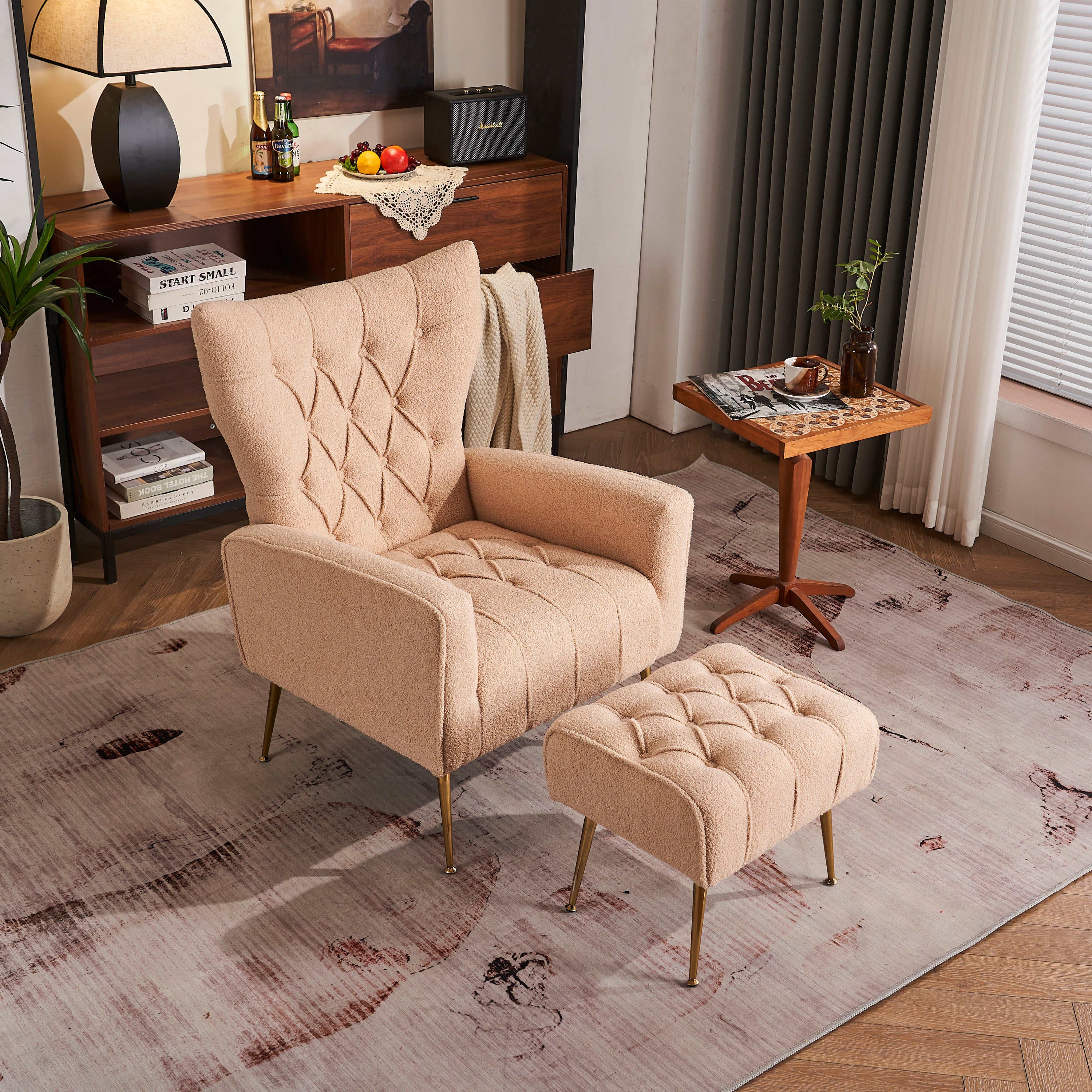 Modern Accent Chair with Ottoman,  Comfy  Armchair  (Nude)