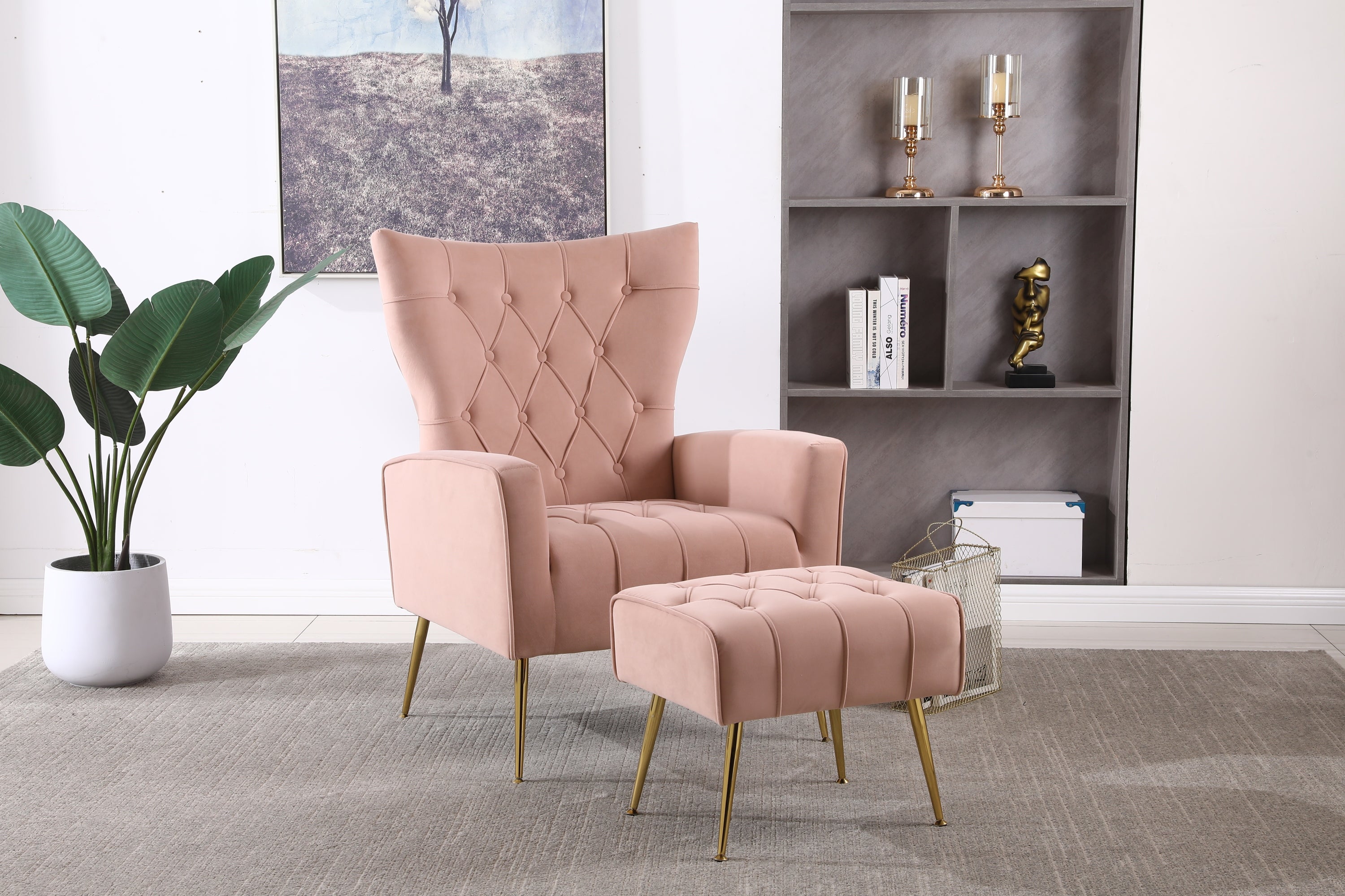 Modern Accent Chair with Ottoman,  Comfy  Armchair  (Pink)