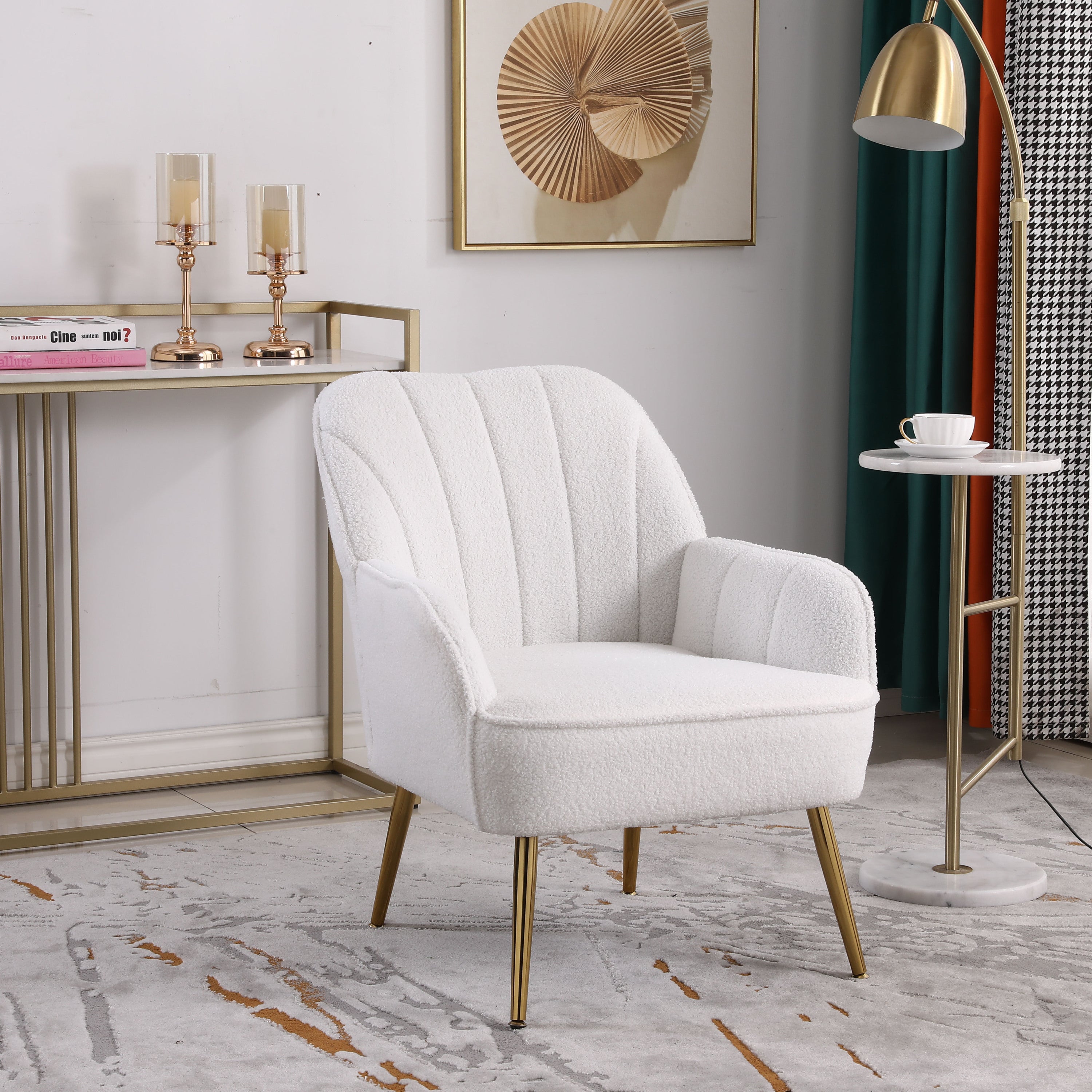 Modern Soft White Teddy fabric Ivory Ergonomics Accent Chair