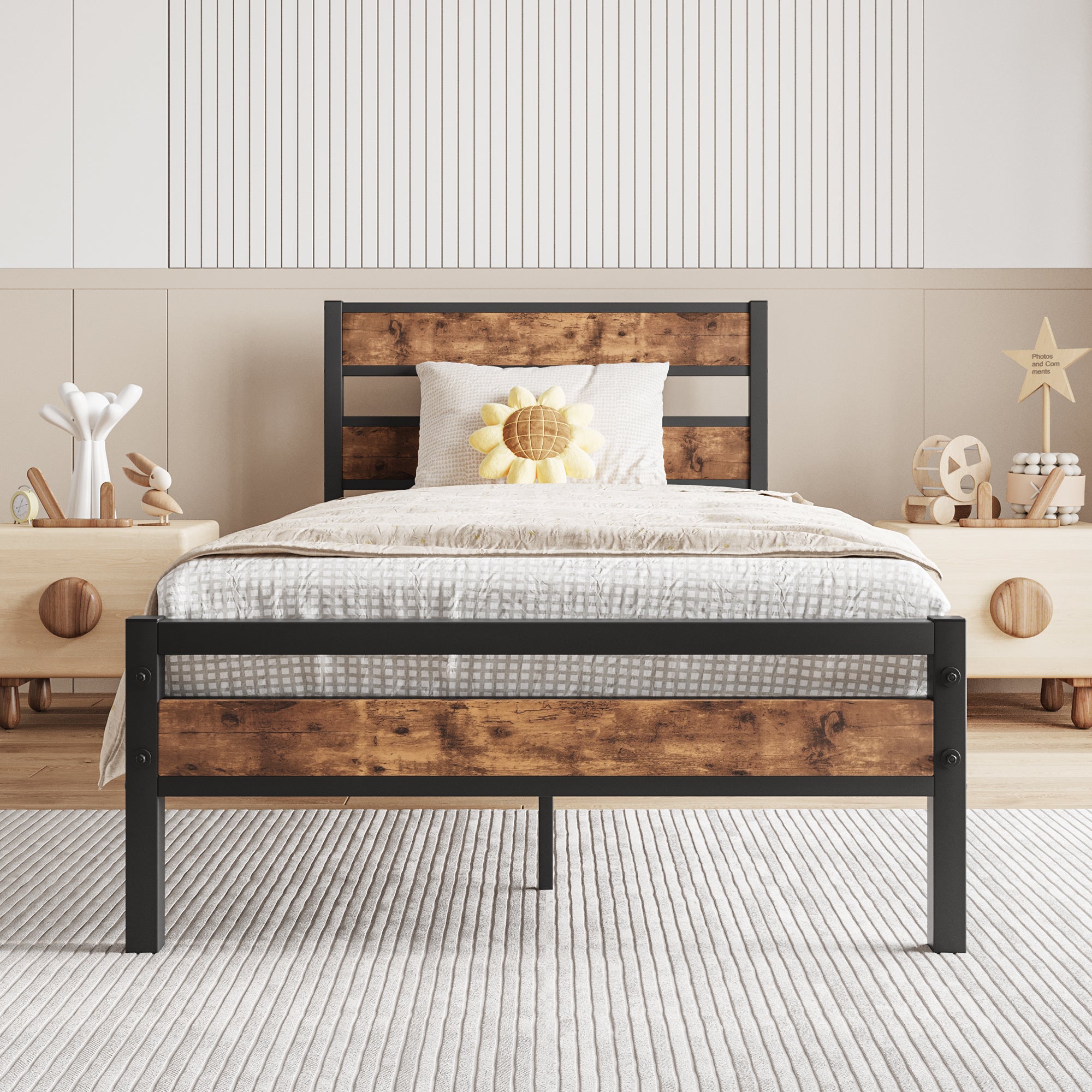 Twin Size Platform Bed Frame with Rustic Vintage Wood Headboard, Strong Metal Slats Support, No Box Spring Needed