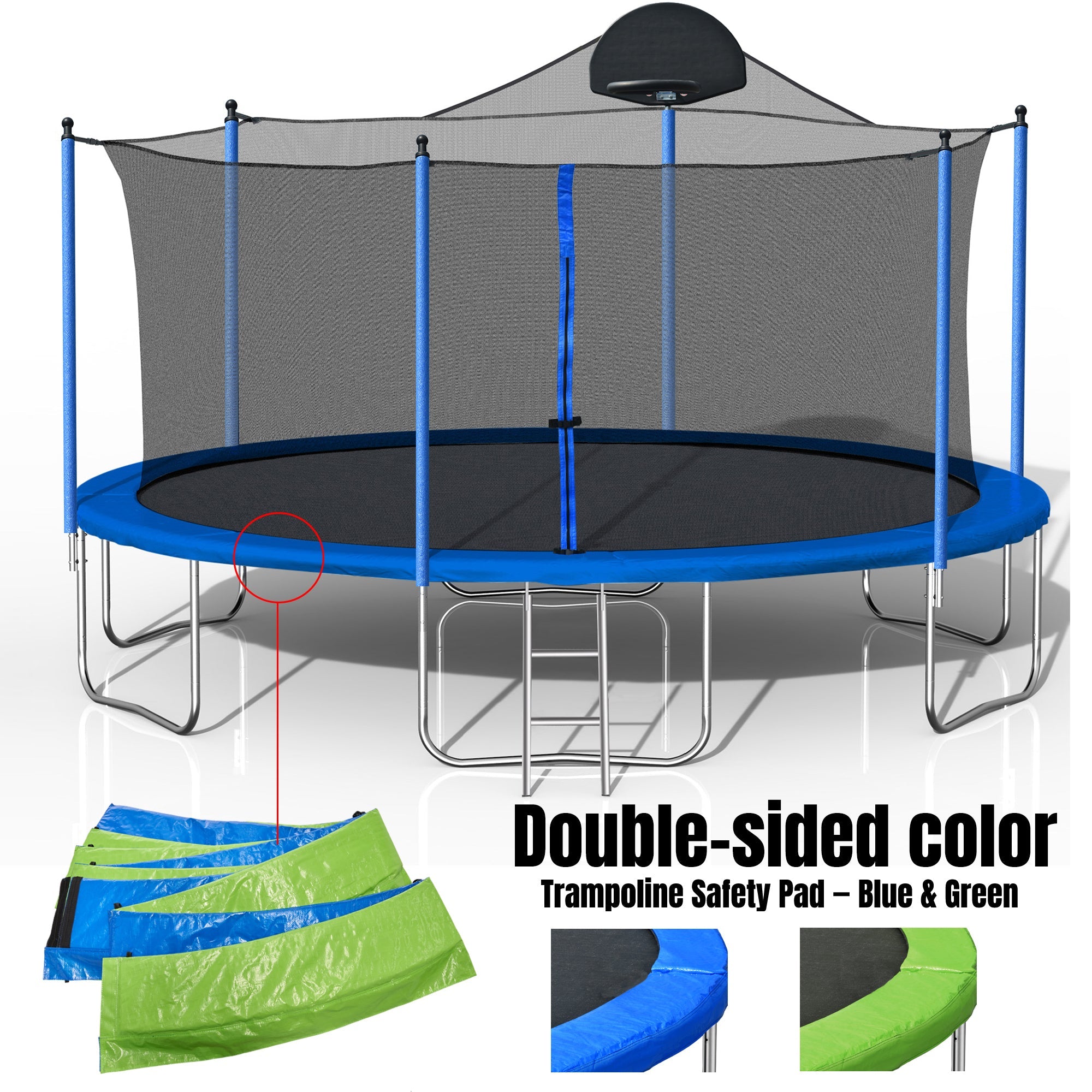 14FT Trampoline for Adults & Kids with Basketball Hoop, Outdoor Trampolines w/Ladder and Safety Enclosure Net for Kids and Adults,Double-side Color cover