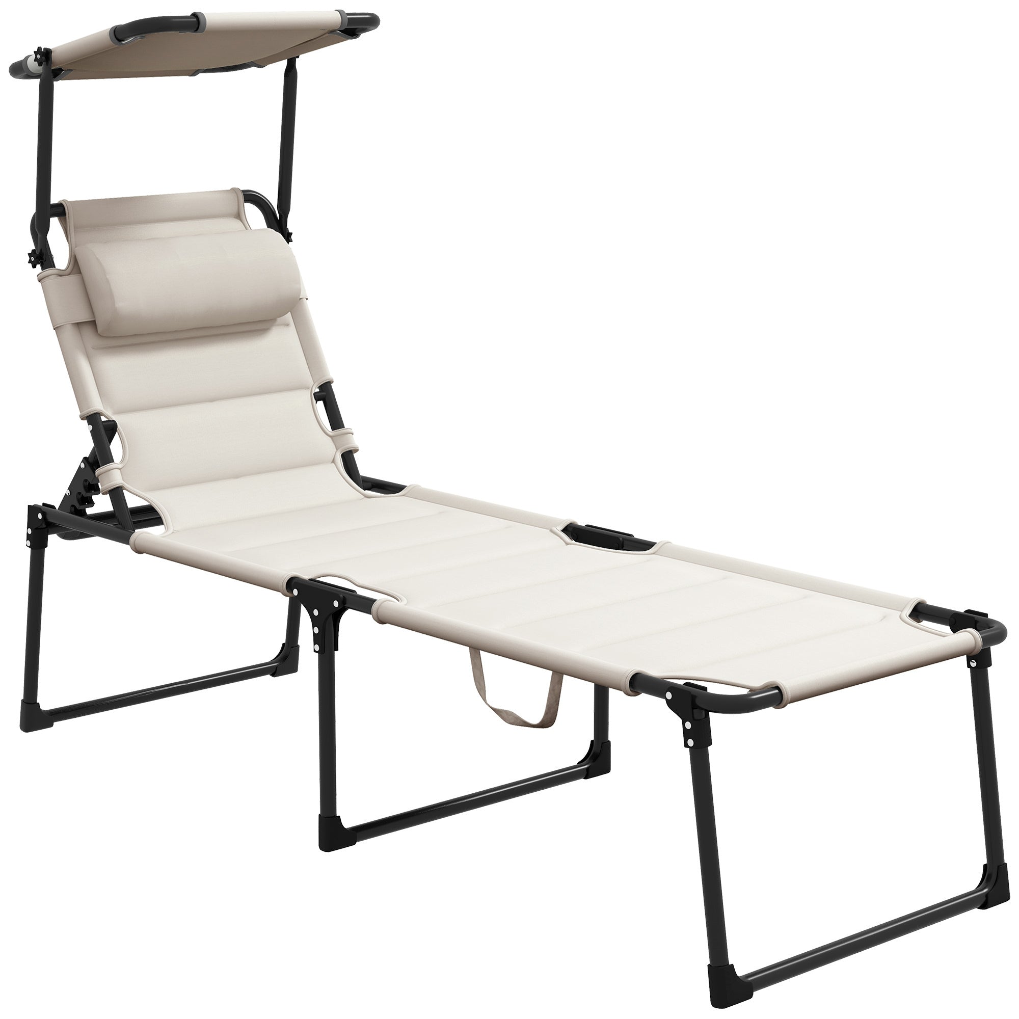 Outsunny Adjustable Backrest Folding Chaise Lounge, Cushioned Tanning Chair w/Sunshade Roof & Pillow Headrest, Gray