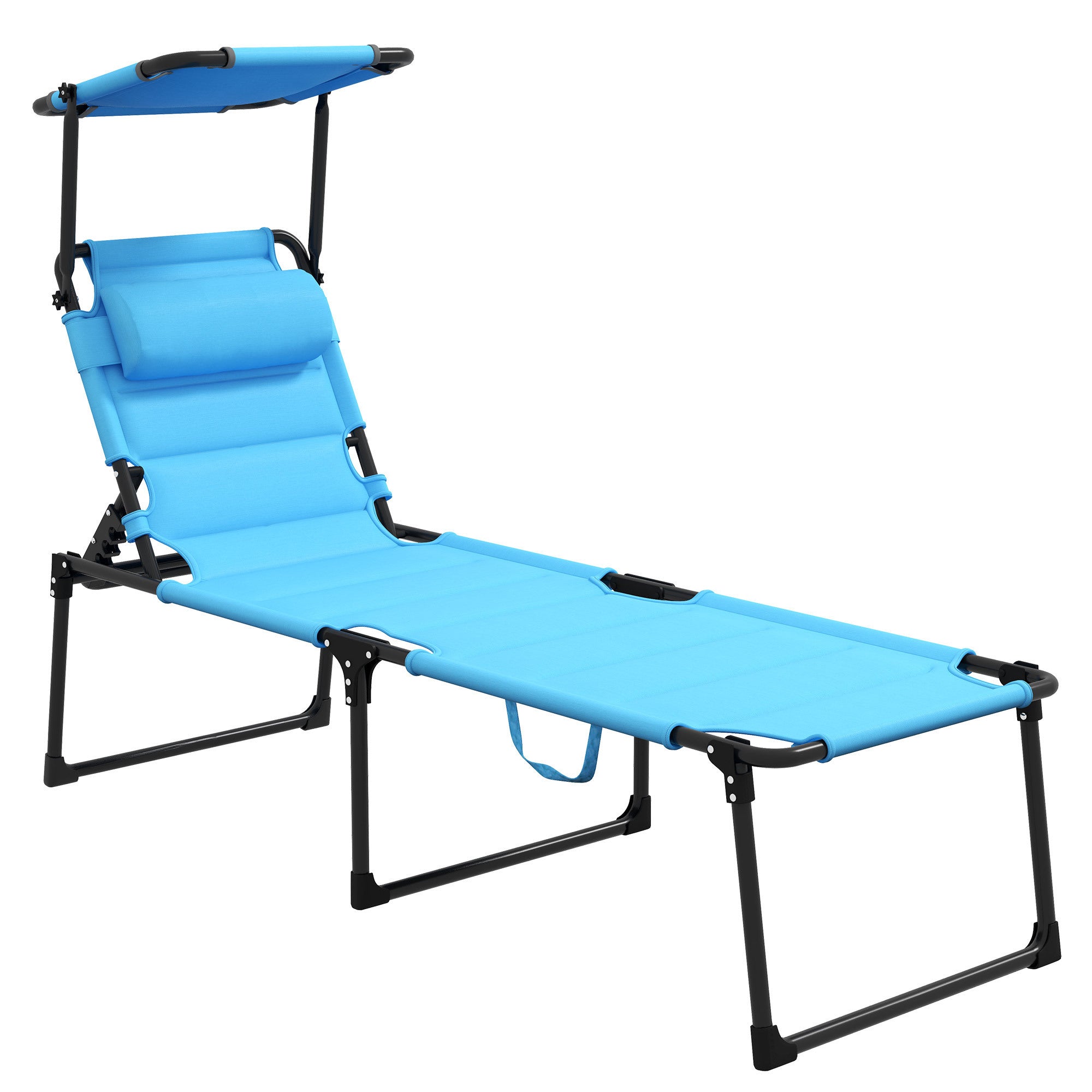 Outsunny Adjustable Backrest Folding Chaise Lounge, Cushioned Tanning Chair w/Sunshade Roof & Pillow Headrest , Light Blue